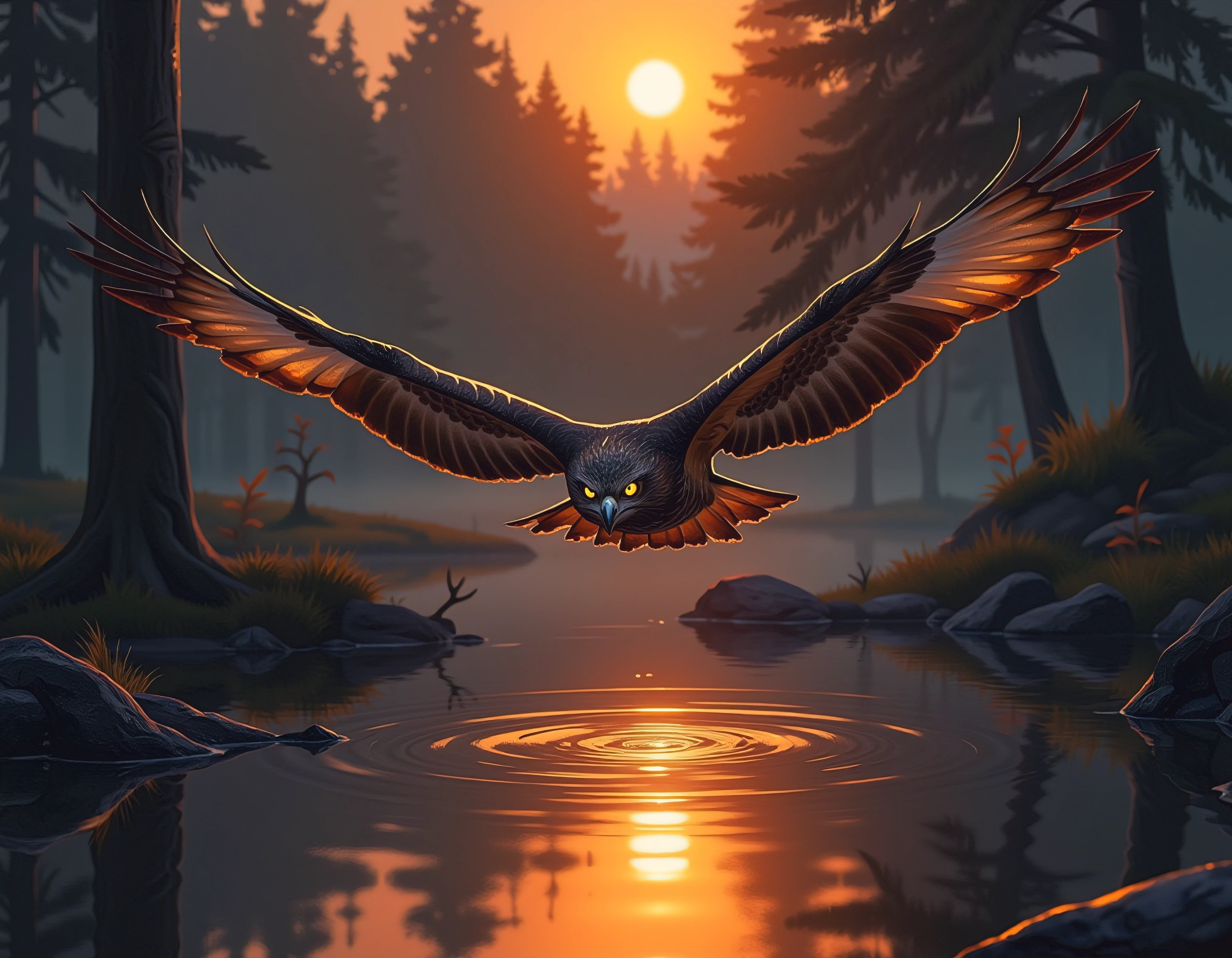 Hawk with glowing orange eyes, flies over a pond in the forest towards the viewer, the sunrise in the background, (realistic, accurate in details, masterpiece, high brilliance in presentation, best possible image reproduction quality, best possible color depth, detailed depiction quality, excellent native resolution)