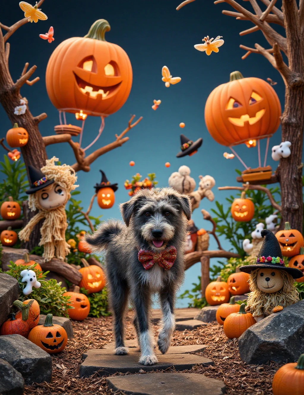 A playful Shepadoodle prances through a whimsical Halloween wonderland where giant carved pumpkins float like hot air balloons, their faces changing expressions as they drift by. The dog's grey and white coat catches the rainbow glow from crystal-encrusted pumpkins that grow on spiral vines. Tiny witch hats hover in the air, serving as perches for spectral butterflies with wings made of autumn leaves. A parade of self-carving pumpkins waddles behind the Shepadoodle like loyal ducklings, each sprouting little legs made of twisted vines. Candy corn stalactites drip sweet light from floating candy clouds, while ghost-shaped soap bubbles bounce off the dog's fluffy fur. Their path is lined with pumpkin-headed scarecrows that bow playfully as they pass, their straw hats tipping to reveal firefly lanterns within.