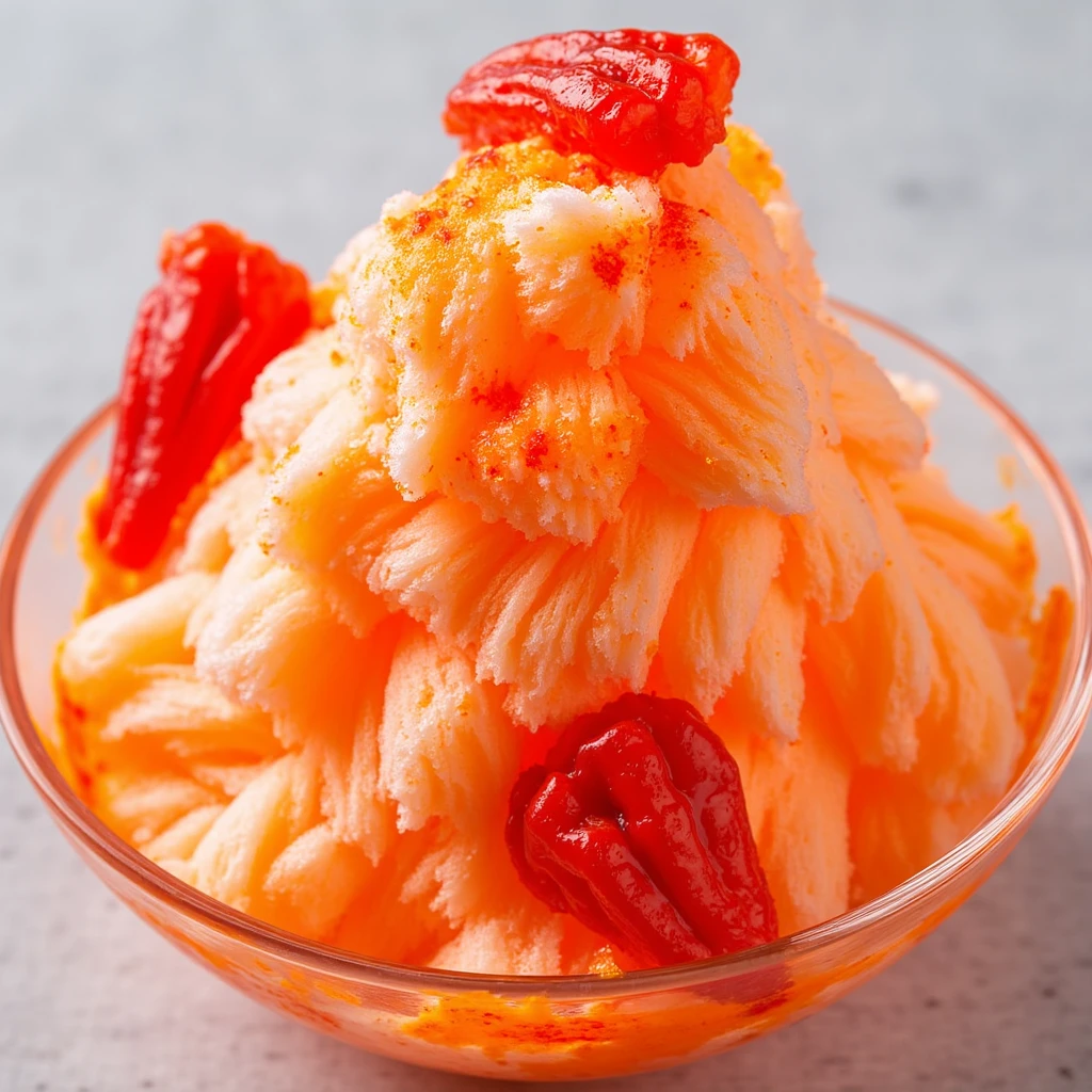 Enticing Tabasco-flavored shaved ice dessert, a mound of fluffy, snow-like ice tinted a fiery orange-red, evoking the bold and spicy essence of Tabasco sauce. Glistening ice crystals reminiscent of molten lava, drizzled with a rich, spicy Tabasco syrup, creating mesmerizing marbled patterns on the surface - intense red swirls dancing on the pale orange ice.

Atop the icy mound, scattered generously with slices of Carolina Reaper peppers (北卡羅萊納死神辣椒), their vivid red color and distinctive wrinkled texture standing out dramatically against the blazing backdrop. Recognizable pepper slices with their signature fiery appearance, creating a striking contrast in color, shape, and texture.

The fiery crunch of the Carolina Reaper peppers and the velvety ice shavings promise an enticing interplay of textures, while the intense Tabasco heat and the potent, almost daredevil spice of the Carolina Reaper deliver a thrill that truly tantalizes the taste buds.

This captivating Tabasco Carolina Reaper shaved ice is served in a clear glass bowl, showcasing the distinct layers and colors - bright red, fiery orange, and pale ice - in a visually stunning and slightly intimidating display. The dessert awaits the brave-hearted, inviting an indulgence of the thrilling heat from the Tabasco paired with the extreme spiciness of the Carolina Reaper, offering a refreshing yet scorching treat that is sure to exhilarate both body and mind.

