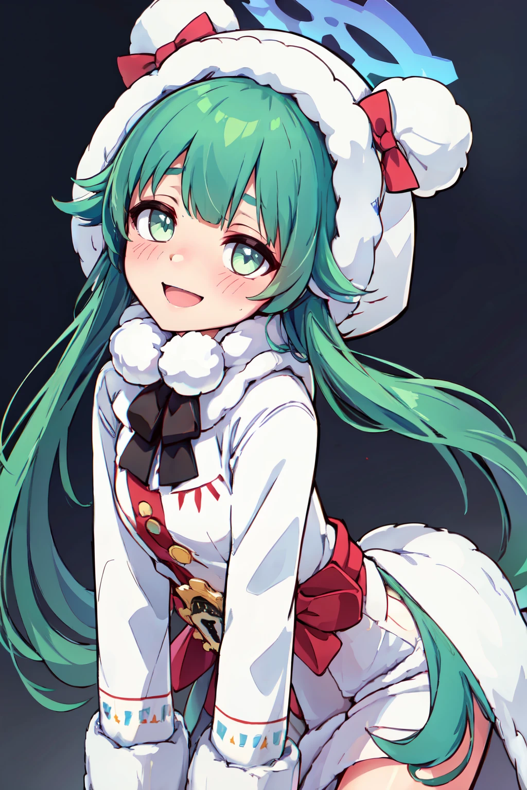 ((masterpiece,best quality)), absurdres,  BREAK, , <lora:Momiji_BlueArchive_Citron:0.8>, zzMomiji: green_hair, halo, long_hair, green_eyes, bow, blue_halo, red_bow 1girl, white_coat, animal_hood, hood_up, long_sleeves, solo, white_gloves, blush, fur-trimmed_coat, hooded_coat, looking_at_viewer, fur-trimmed_hood, simple_background, white_background, smile, winter_clothes, closed_mouth, holding, sidelocks, open_mouth, upper_body, twintails , BREAK, leaning forward, head tilt, blush, upper body,, BREAK, solo, smile, looking at viewer, cowboy shot,