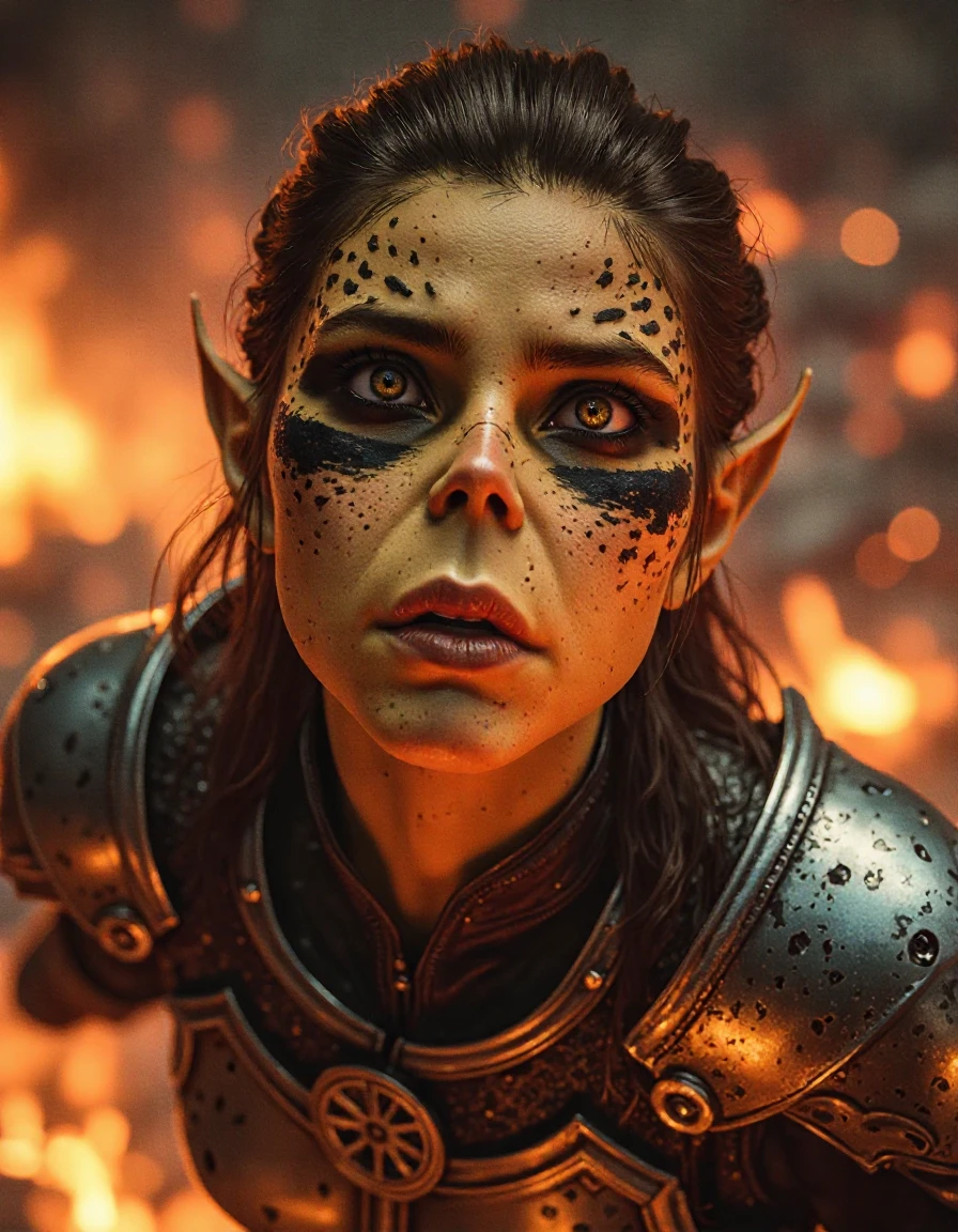 A close-up shot of L4ez3l in the midst of a fiery battlefield, her face lit by the flickering flames behind her. Her expression is intense, a mixture of desperation and resolve as she looks upward, perhaps toward an ally or enemy. The glow of the fire casts a warm light on her battle-worn face and armor, while shadows dance across her features, adding depth to the emotional intensity of the scene. Her armor gleams in the firelight, reflecting the chaotic environment around her. The background is consumed by the flames, creating a vivid and dangerous atmosphere. The image captures a critical moment, filled with urgency, as L4ez3l braces herself for the next challenge amidst the destruction. <lora:laezel:1>