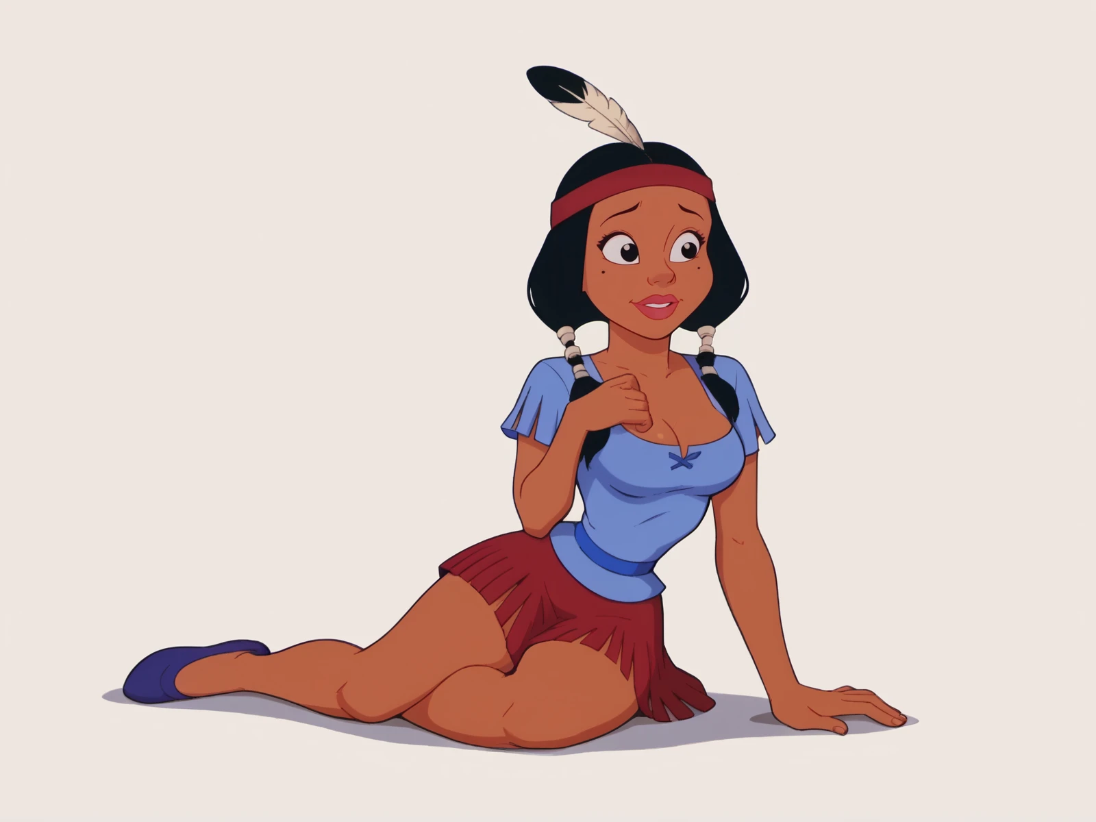 masterpiece, highest quality, One girl, trilly, Black Hair, Twin tails, Feather hair ornament, head band, Dark Skin, View your viewers, Simple Background ,masterpiece, expensive quality, very_expensive_solve, big_file size, full color,(completely nude:1.2),pussy,niplles,( kid),