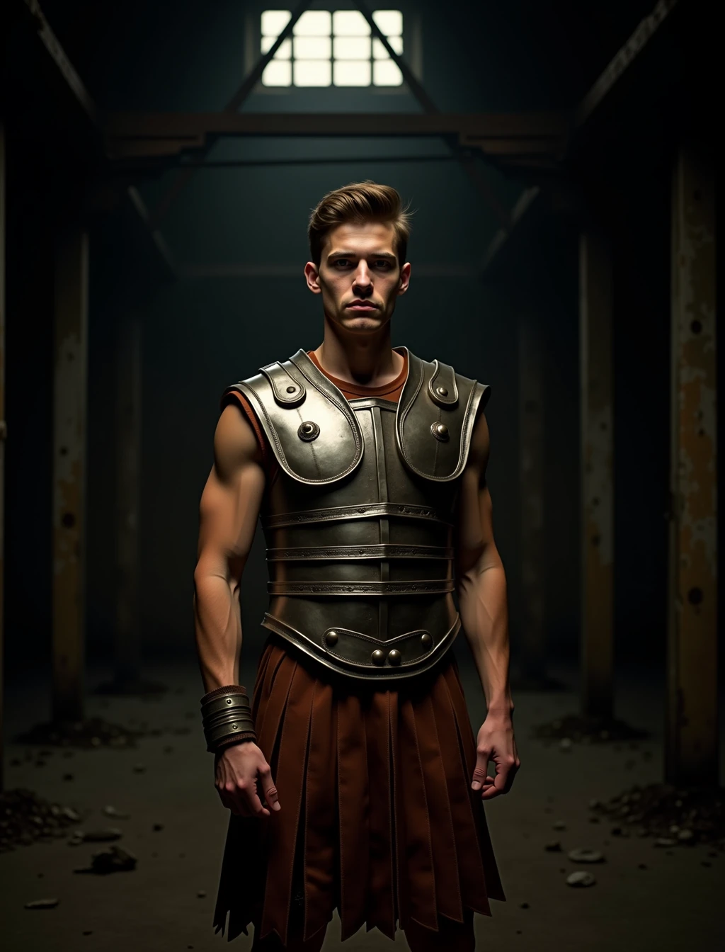 A realistic photo, shot from an elevated angle of a young man wearing a Roman gladiator costume with a leather kilt and a metallic breastplate. The lighting is chaotic and he is overexposed while around him, the abandoned warehouse is in darkness