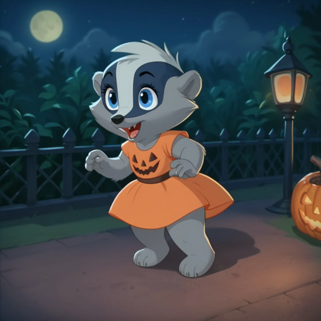 score_9, score_8_up, score_7_up, score_6_up, source_furry, Michellebadge, young anthro, female, badger, grey fur, blue eyes,  outside, night, vampire costume, trick or treating, halloween, <lora:9a180fc2-1d58-4036-a7b8-661ffe35012c:0.7>