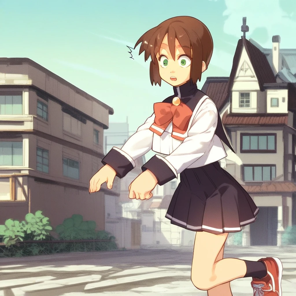 score_8, score_8_up, score_7_up, source_anime, anime screenshot, 1girl, female focus, solo, Natsumi_SN1, green eyes, brown hair, short hair, bangs, sidelocks, short hair with long locks, school uniform, sailor collar, neck bow,  sleeve cuffs, pleated skirt, ankle socks, sneakers, red footwear,  shock, shocked, open mouth, outdoors, fantasy village background, slums, building