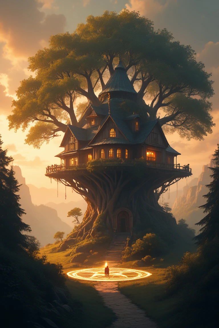 score_9, score_8_up, score_7_up, source_anime, rating_safe, dark, magical, magic circle, natural lighting, fantasy-treehouse focus, DaTH, DaTH_architecture, building, scenery, intricately detailed illustration, atmospheric perspective, depth of field,, yellow theme, horror (theme)