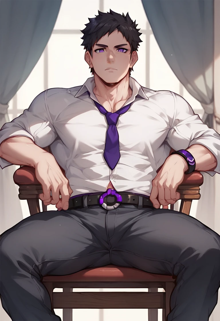 <lora:lora:0.9> score_9, score_8_up, score_7_up, score_6_up,  1man, solo, male focus, reboot, black hair, purple eyes, collared shirt, black pants, belt,  purple necktie, sitting over chair, legs spread, thick thighs, big arms, looking at viewer