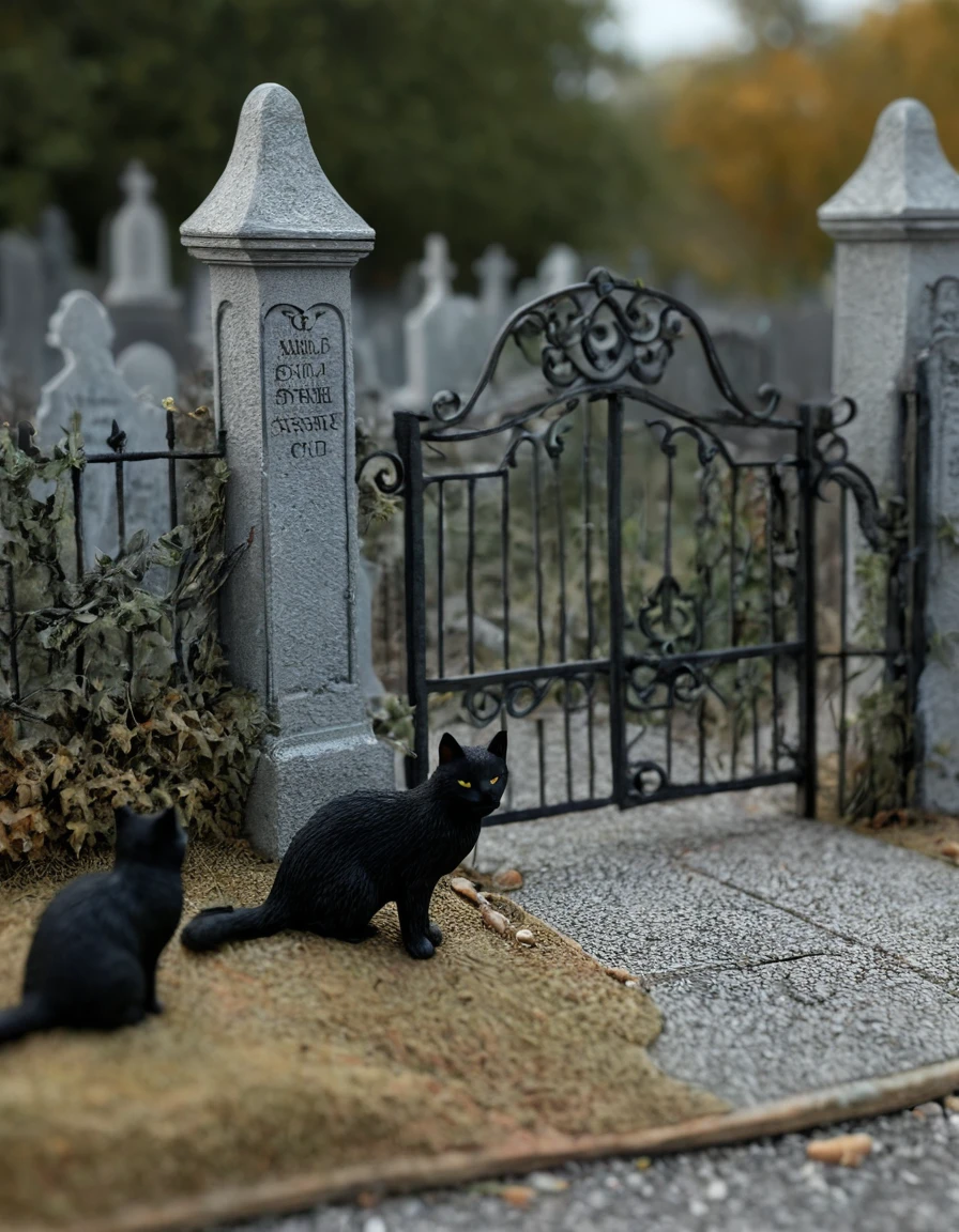 <lora:m1n14tur3_07XL-000008:1.2>,m1n14tur3 style, a small model of graveyard with tombstones and monuments,thornbushes,rusty fence with broken gate,black cats,bats,crows,photo realistic,hyperrealism,ornate,studio photograph,bokeh,tilt shift,intricate detail,dramatic,shadows,model displayed on a gray cloth with a simple background