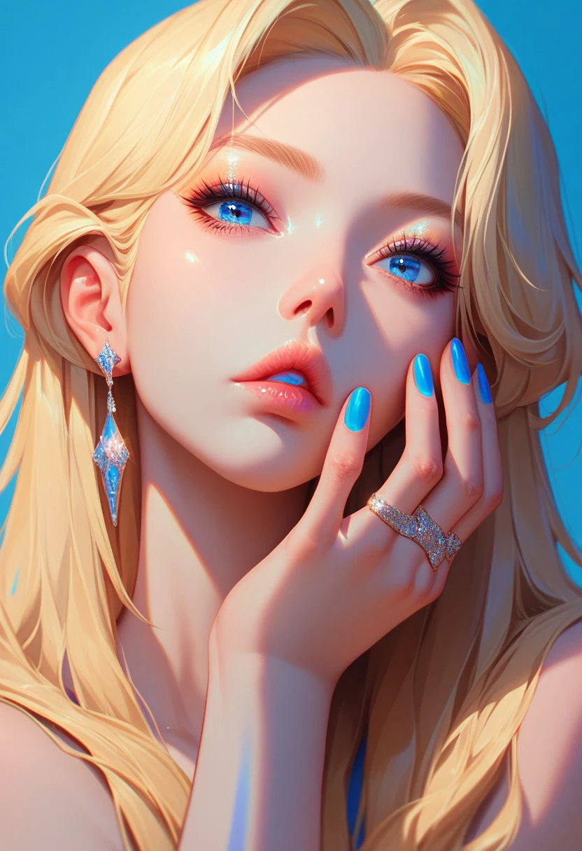 c4ndy, 1girl, solo, jewelry, blue eyes, earrings, parted lips, long hair, blonde hair, portrait, blue nails, blue background, lips, looking at viewer, makeup, ring, nail polish, hand on own face, hand up, simple background, illustrative, , score_9, score_8_up, score_7_up, score_6_up, score_5_up, score_5_up, score_4_up