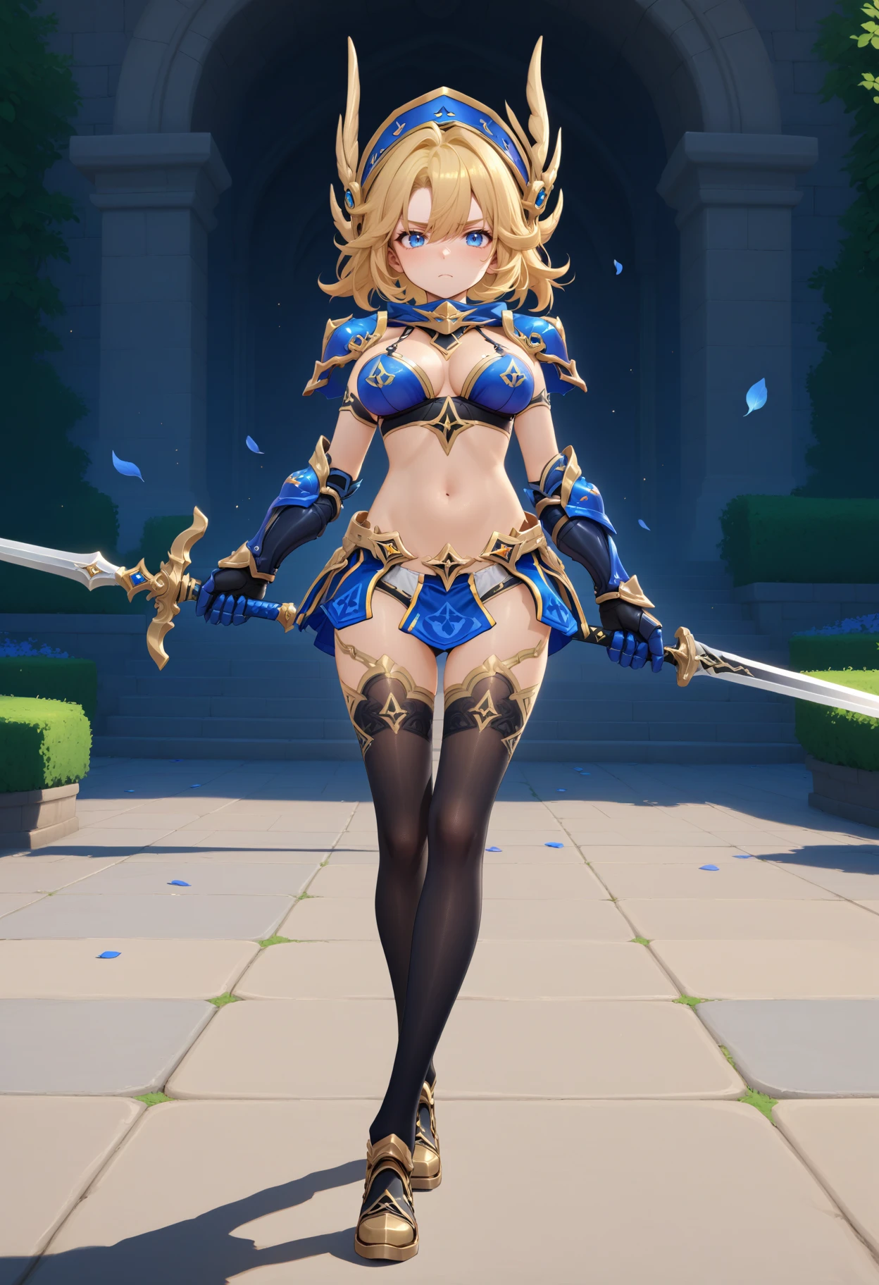 masterpiece, best quality, very aesthetic, absurdres, rom_khalitz_xl,
1girl, blonde hair, blue eyes, (mole on breast:0.8), shoulder armor, bare stomach, bikini armor, miniskirt, gauntlets, thighhighs,
holding sword, full body, standing, facing viewer, eye level angle, looking at viewer, serious and focused expression,
outdoors, wind, (falling blue petals, light particles:1.2), blue roses, vivid colors, tranquil and magical atmosphere,
shiny skin, beautiful face, beautiful eyes, extreme detailed, official art, professional illustration, hires,
<lora:rom_khalitz_xl:1>, <lora:aesthetic_anime_v1s:0.5>, <lora:add_details_xl:0.5>,