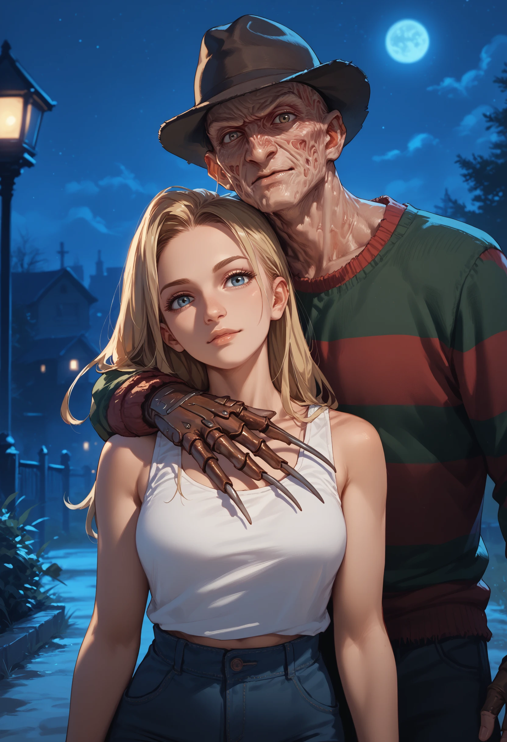 score_9, score_8_up, score_7_up, score_6_up, 1girl, blonde hair, long hair, tank top, arm around shoulder, looking at viewer,
night,
1boy, monster, single claw, couple,
<lora:freddy_krueger_v0.8-pony:1>