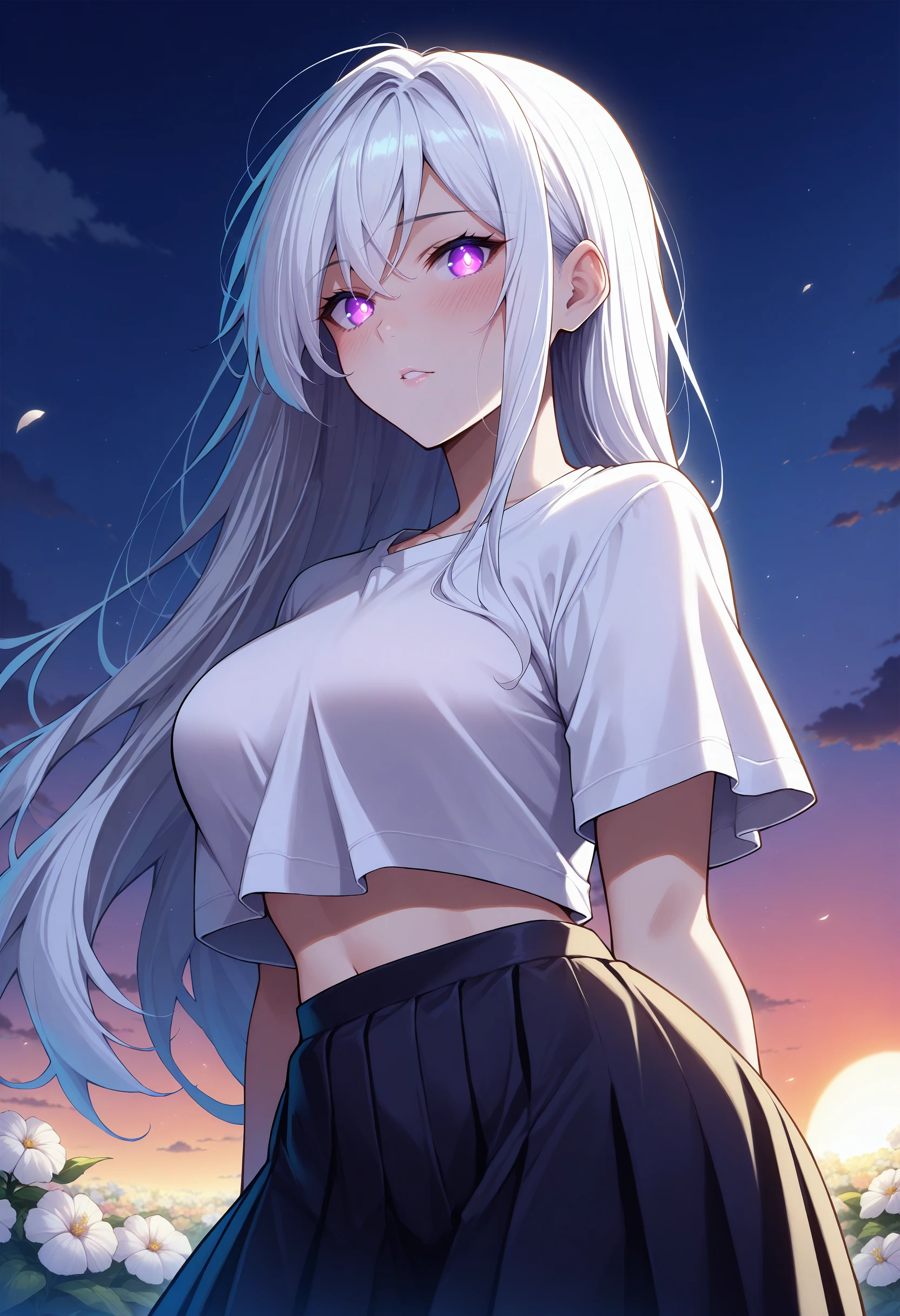 masterpiece, best quality, 1girl, anime,
white hair, purple eyes, glowing eyes, crop top, skirt, parted lips, blush, night, flowers, sun, sunlight,