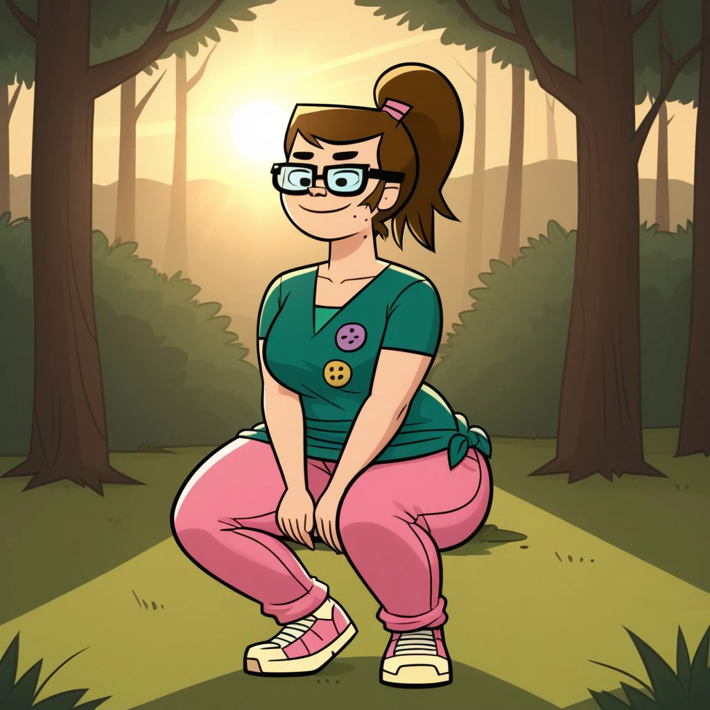 score_9, score_8, BREAK, solo, tied shirt, pink pants, glasses, brown hair, ponytail, mole under mouth, button badges, plump, curvy, sneakers, total drama, Beth_(Total_Drama), cute, breasts, sexy pose, smile, outdoors, sunlight, shadows, evening lighting, natural lighting, forest, trees, grass, orange sky, sunset