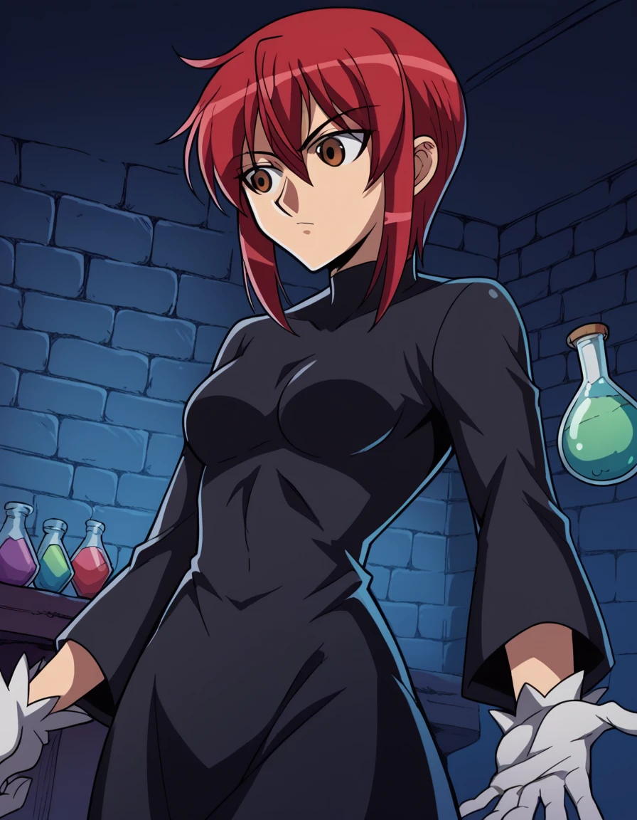 score_9, score_8_up, score_7_up, source_anime, <lora:riza-wildman-s1-ponyxl-lora-nochekaiser:1>, riza wildman, short hair, brown eyes, red hair, hair between eyes, sidelocks, medium breasts,, <lora:wizard-ponyxl-lora-nochekaiser:1>, wizard, wizard hat, robe, dress, long sleeves, gloves,, indoors, bricks, potion, flask, vial,, cowboy shot,, , dutch angle, cowboy shot