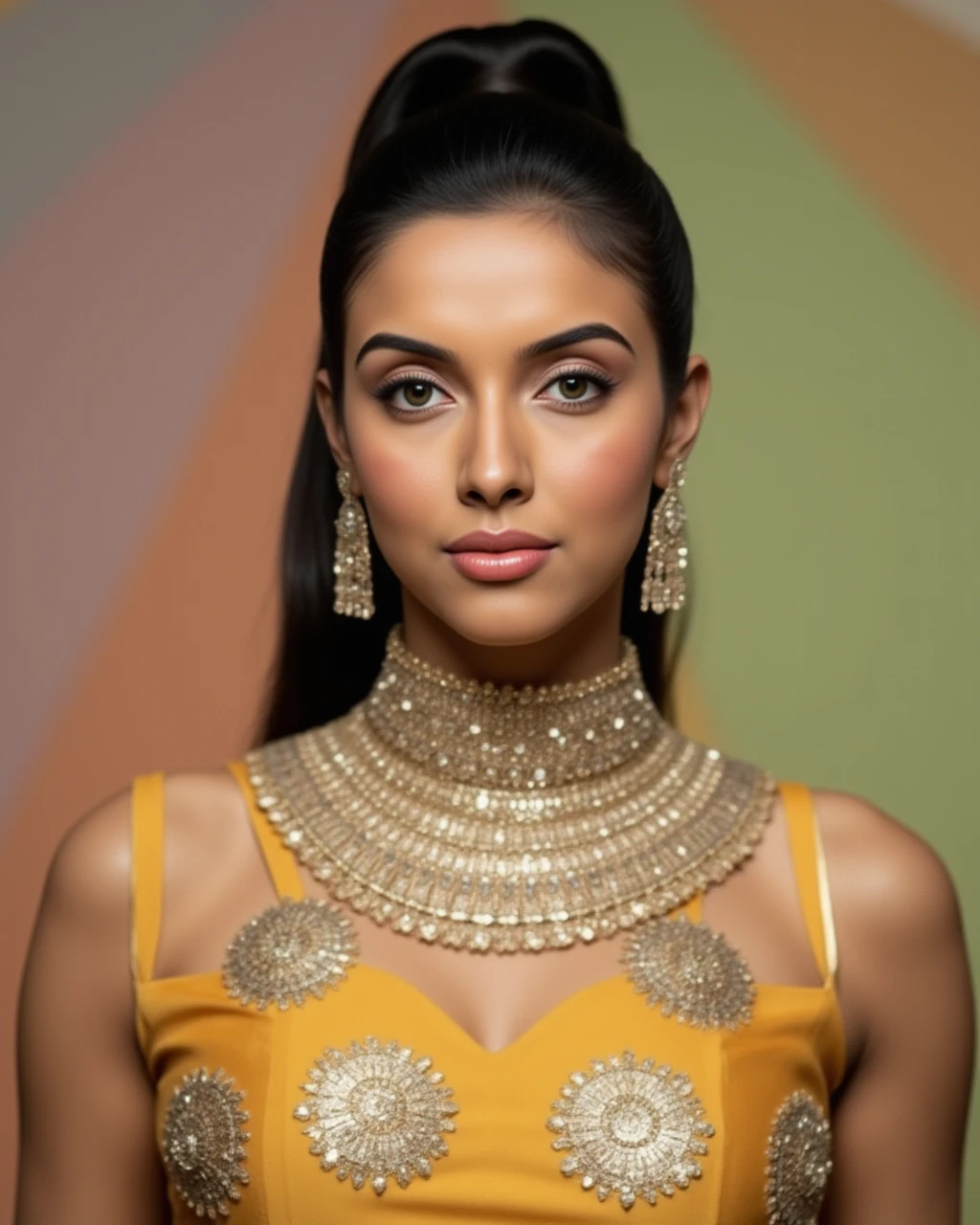 headshot photo of Asin woman,candid photo with natural colors, serious expression on face,studio quality, wearing intricate high neck elegant Ochre sleeveless Gota Patti Suit (Rajasthani embellished dress), high ponytail, pastel shaded multicolored background, cinematic lighting<lora:TestBed\Asin_Flux_Kohya_V1-000005.safetensors:1.0:1.0>