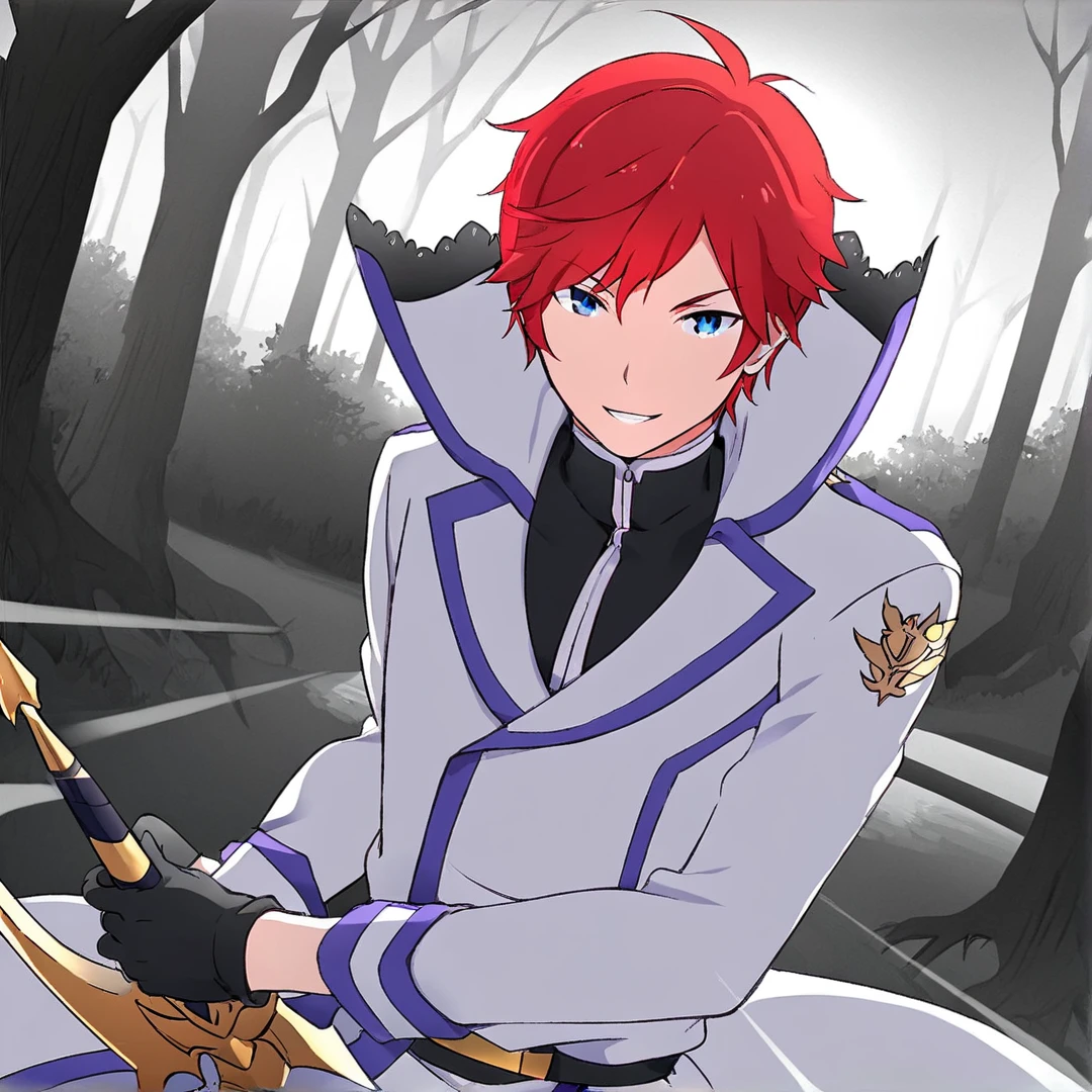 <lora:Reinhard:1>, reinhard, stands at exactly six feet tall, his most striking feature, is his distinct flaming red hair, that shines as brightly, his sparkling blue eyes, portray a sense of confidence and recklessness, his slender frame, features an array of well-toned muscles, he exuded an aura of gallantry, and, at a first glance, he gave off an intimidating air, that indicated him as someone who is above the norm, his extraordinarily handsome face, beyond average looks and his open, calming and approachable personality, makes him very popular with people, which catches the eye of many women, further exemplifying his magnificence, his casual attire consists of, a well-made black shirt, that he also wears as part of his uniform, white trousers with lilac cuffs, black shoes, black gloves, and a double-breasted white long coat, with a cutaway front, rolled cuffs, lapels, and lilac lining, the crest can be seen proudly pictured, on the upper part of his left sleeve, and a black belt, is fastened tightly around his waist, with it, he fastens his esteemed dragon sword reid, whenever he has to go out, solo, in a forest