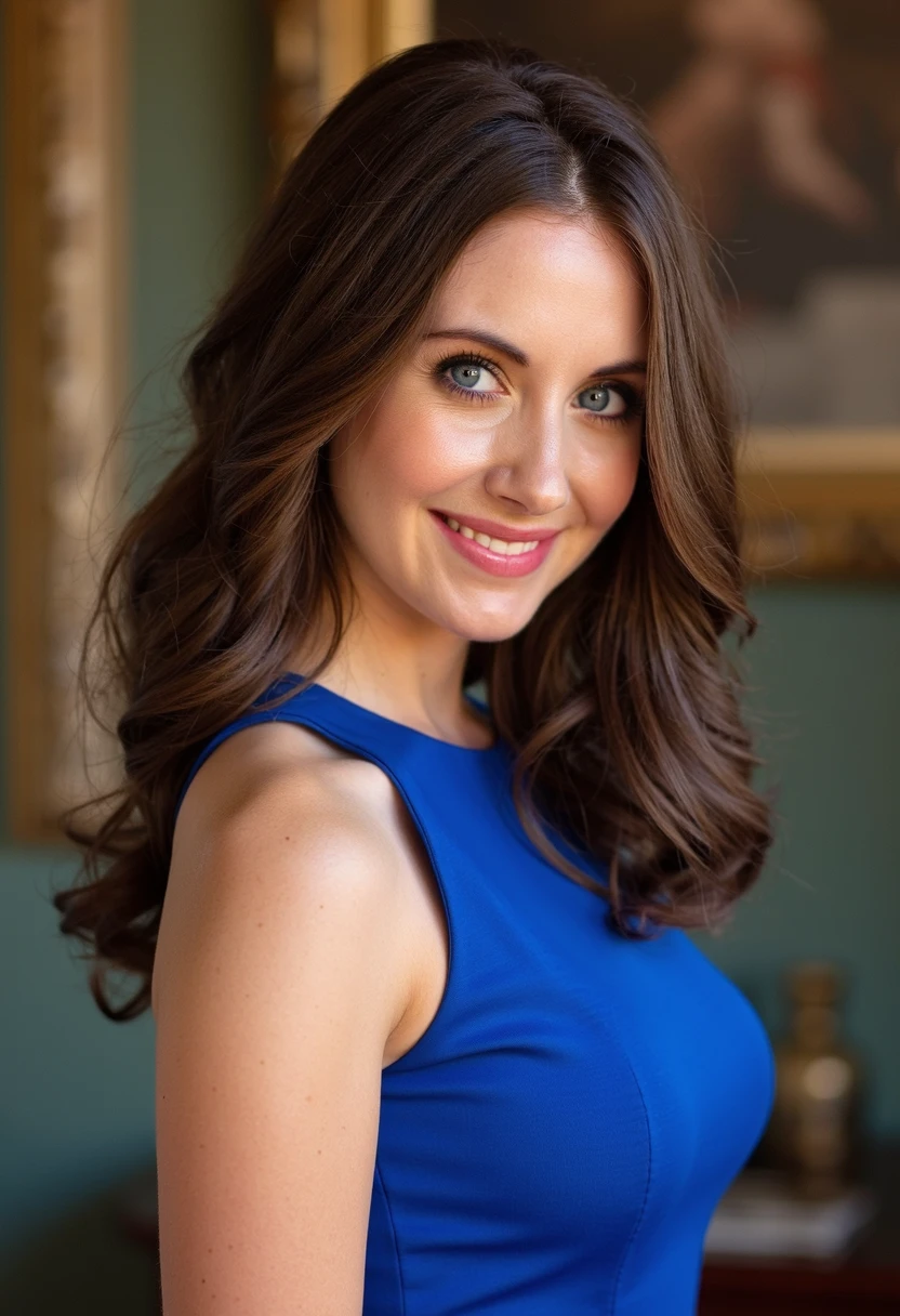 beautiful and detailed photograph of Alison Brie, she is posing wearing a formfitting blue dress, flirting with camera, smile