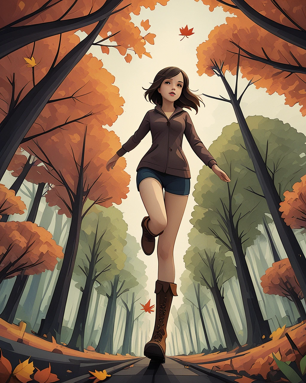 girl running through autumn forest, warm colors, falling leaves, dynamic scene, low angle, boots, focus on boot