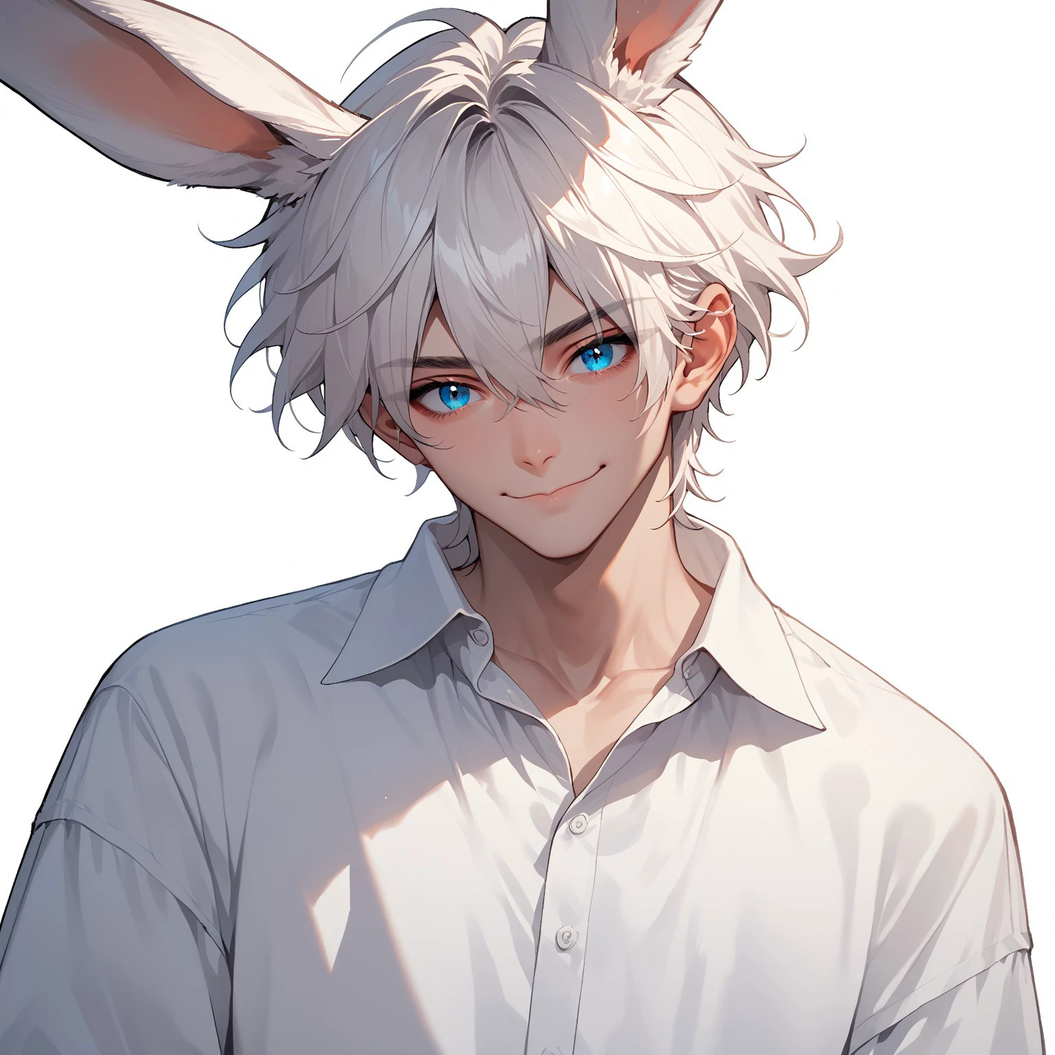 c4ndy, 1boy, solo, male focus, blue eyes, animal ears, white hair, rabbit ears, short hair, bishounen, shirt, smile, long sleeves, white shirt, hair between eyes, bangs, simple background, upper body, looking at viewer, closed mouth, portrait, score_9, score_8_up, score_7_up, score_6_up, score_5_up, score_5_up, score_4_up