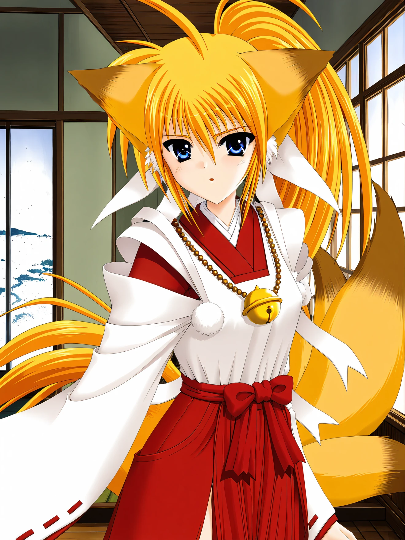 masterpiece, best quality, high quality, aesthetic, absurdres, insanely detailed,
1girl, kuon \(triangle heart\), animal ears, fox ears, miko, tail, japanese clothes, blonde hair, fox tail, long hair, red hakama, bell, hakama, hakama skirt, skirt, jewelry, ponytail, 
<lora:tsuzuki-masaki-style-xl_v1.0:1>