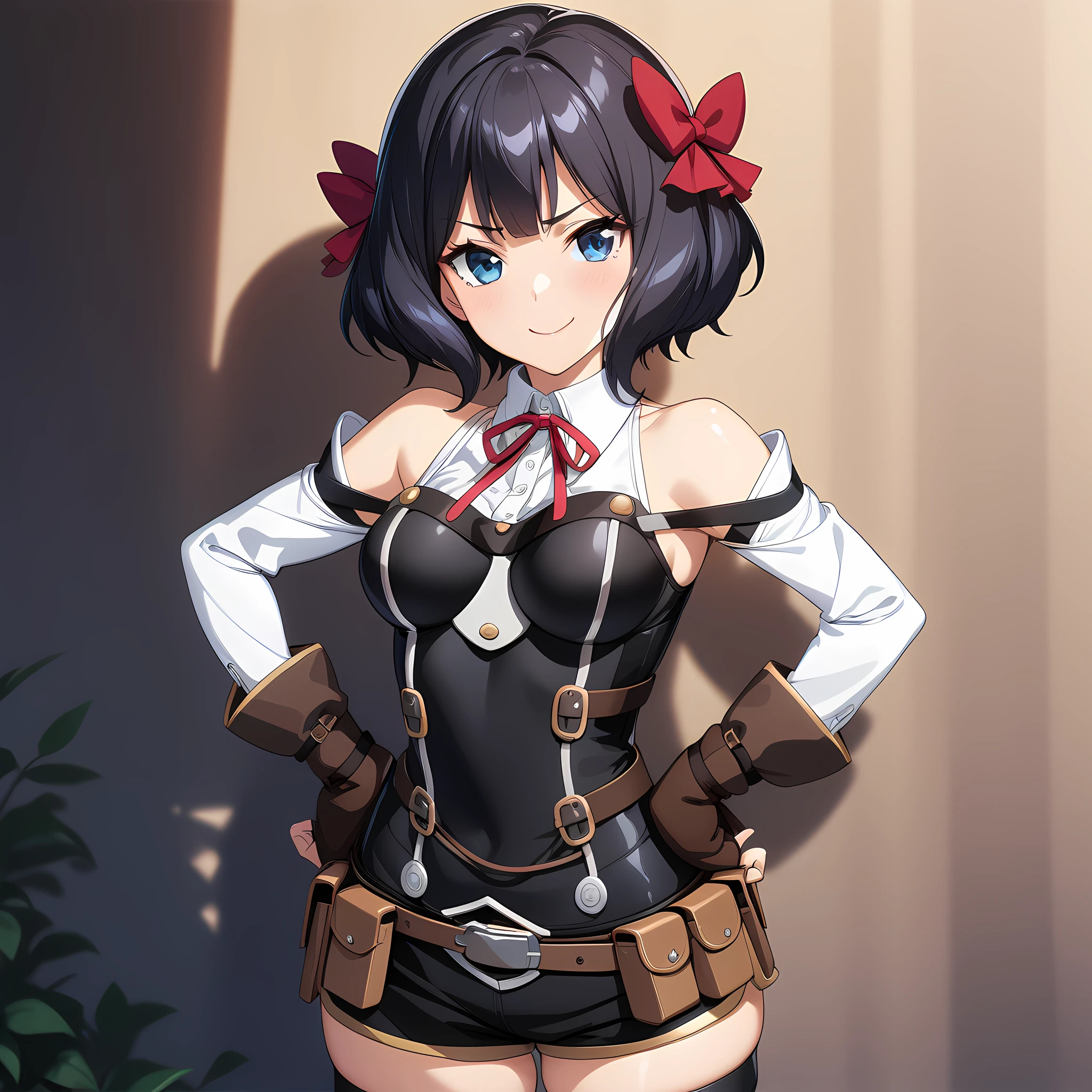 tino_shade, 1girl, short hair, black hair, red ribbon, blue eyes, medium breasts, white shirt, ribbon on neck, black vest, strapped vest, off shoulder, sleeves, brown gloves, fingerless gloves, wide hips, belt, pouch, black thigh high, black thigh boots, cowboy shot, smug, standing, hand on hips, <lora:XL-TinoShade:1> <lora:SDXL_SPO:1>, (masterpiece),(best quality),(ultra-detailed),(best illustration),(best shadow),(absurdres),(detailed background),(very aesthetic),