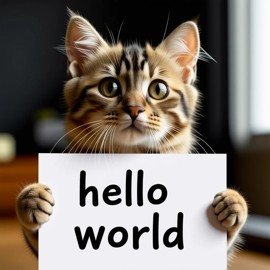 a photo of a cat holding a sign that says hello world
