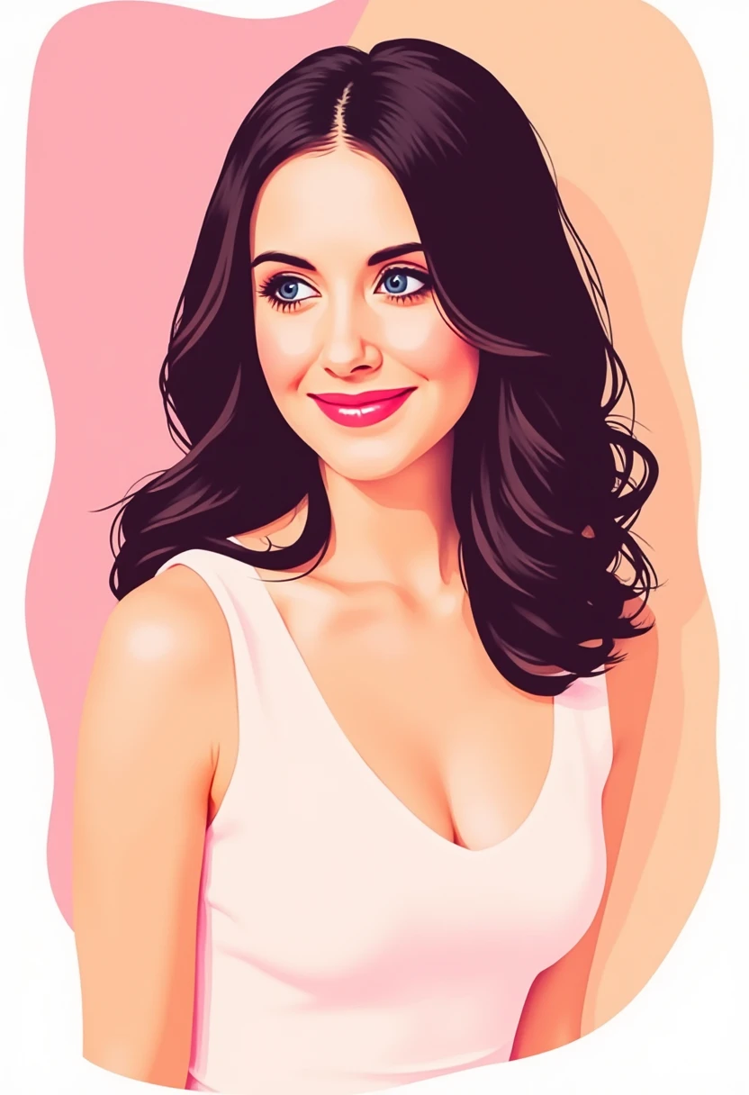 Award-worthy vector illustration art of Alison Brie, the linework is sharp, colorful and expressive, simplified and flat shapes, dynamic composition, professional-grade vector illustration with pastel colored gradient background