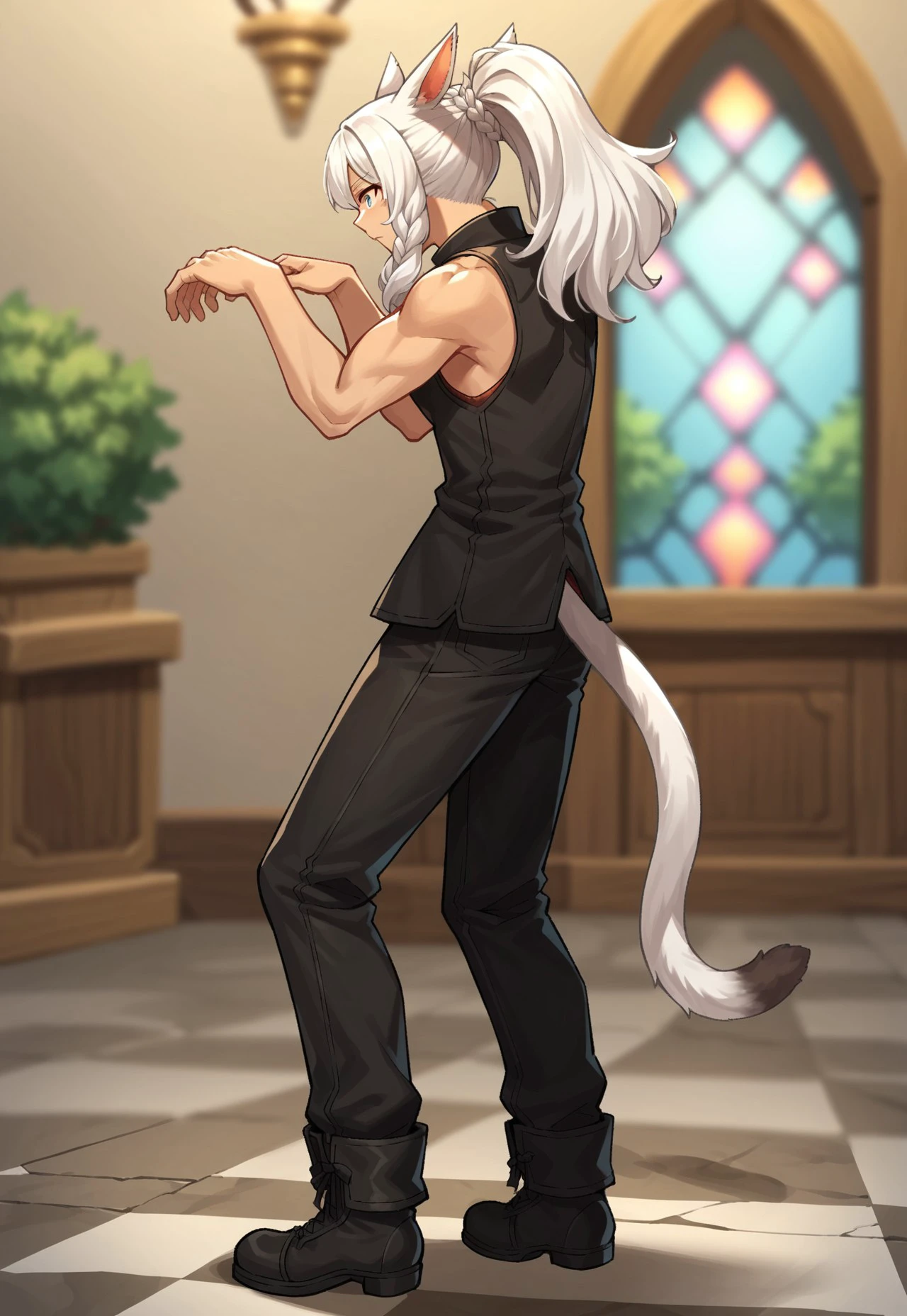 PonyXLV6_Scores  m4l3v_pose_duskfallcrew, 1girl, solo, miqo'te, tail, cat tail, cat ears, animal ears, ponytail, blurry background, blurry, sleeveless, white hair, pants, black pants, braid, from side, indoors, boots, full body, cat girl, dark entreaty, hands up, malevolence, pose , source_anime