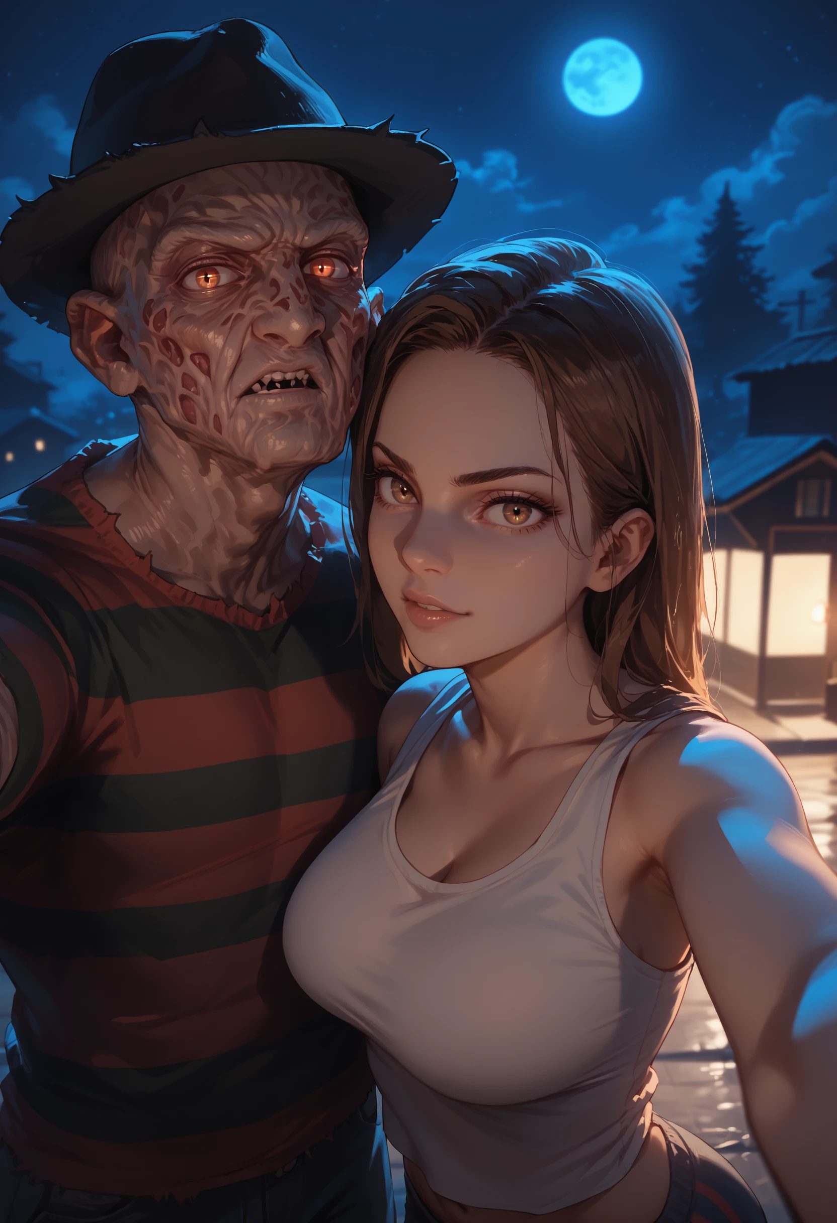 score_9, score_8_up, score_7_up, score_6_up, 1girl, brown hair, large breasts, 
1boy, monster, after kiss, 
night, dark, silhouette, looking at viewer, selfie, tank top, on face, taking picture, evil, glowing, 
<lora:freddy_krueger_v0.8-pony:1>