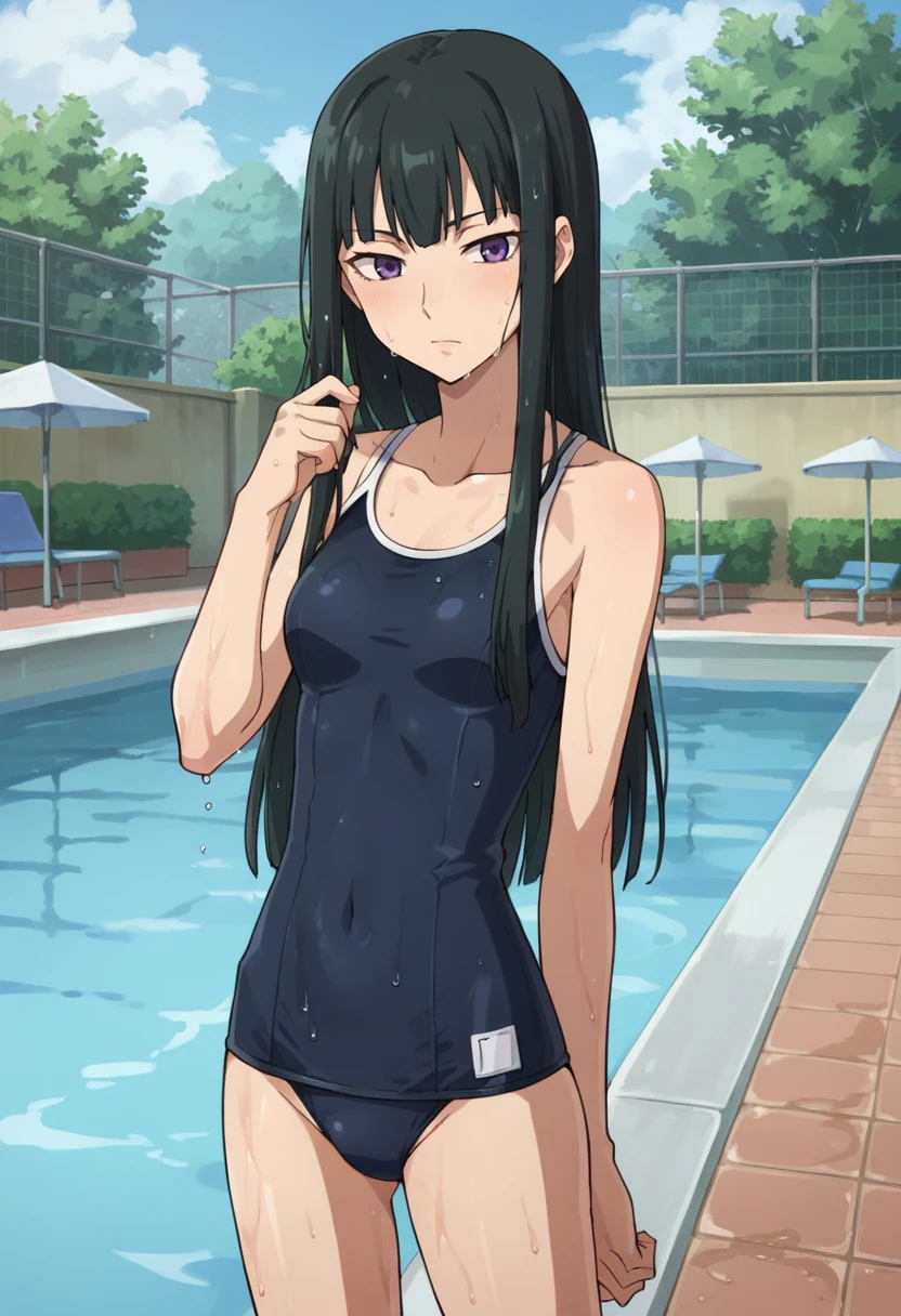 score_9,score_8_up,score_7_up,score_6_up,score_5_up,score_4_up,anime coloring BREAK source_anime,anime,<lora:Mina_Hazuki_Darker_than_Black_Pony:0.7>,hazuki,1girl,solo,purple eyes,black hair,long hair,slim,school_swimsuit,wet hair,pool,poolside,