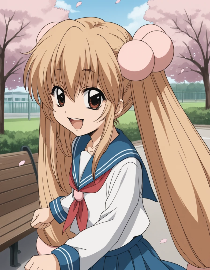 score_9, score_8_up, score_7_up, source_anime, <lora:rin-kokonoe-s1-ponyxl-lora-nochekaiser:1>, rin kokonoe, long hair, brown hair, hair ornament, twintails, brown eyes, very long hair, hair bobbles,, school uniform, serafuku, long sleeves,, park, cherry blossoms, bench, gentle breeze, peaceful, running, open mouth,, smile, from side, looking at viewer, solo,, dutch angle, cowboy shot