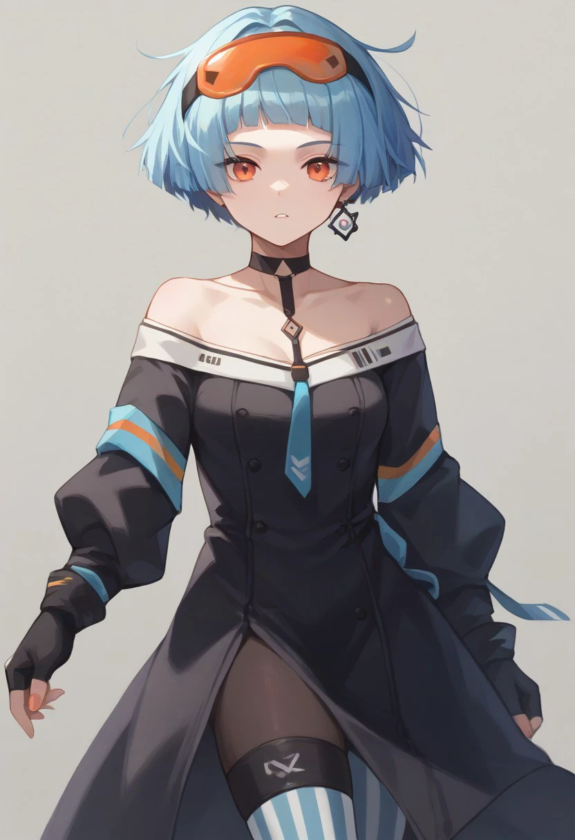 score_9, score_8_up, score_7_up, source_anime, BREAK blue hair, short hair, orange eyes, goggles on head, earring, dress, fingerless gloves, mismatched legwear