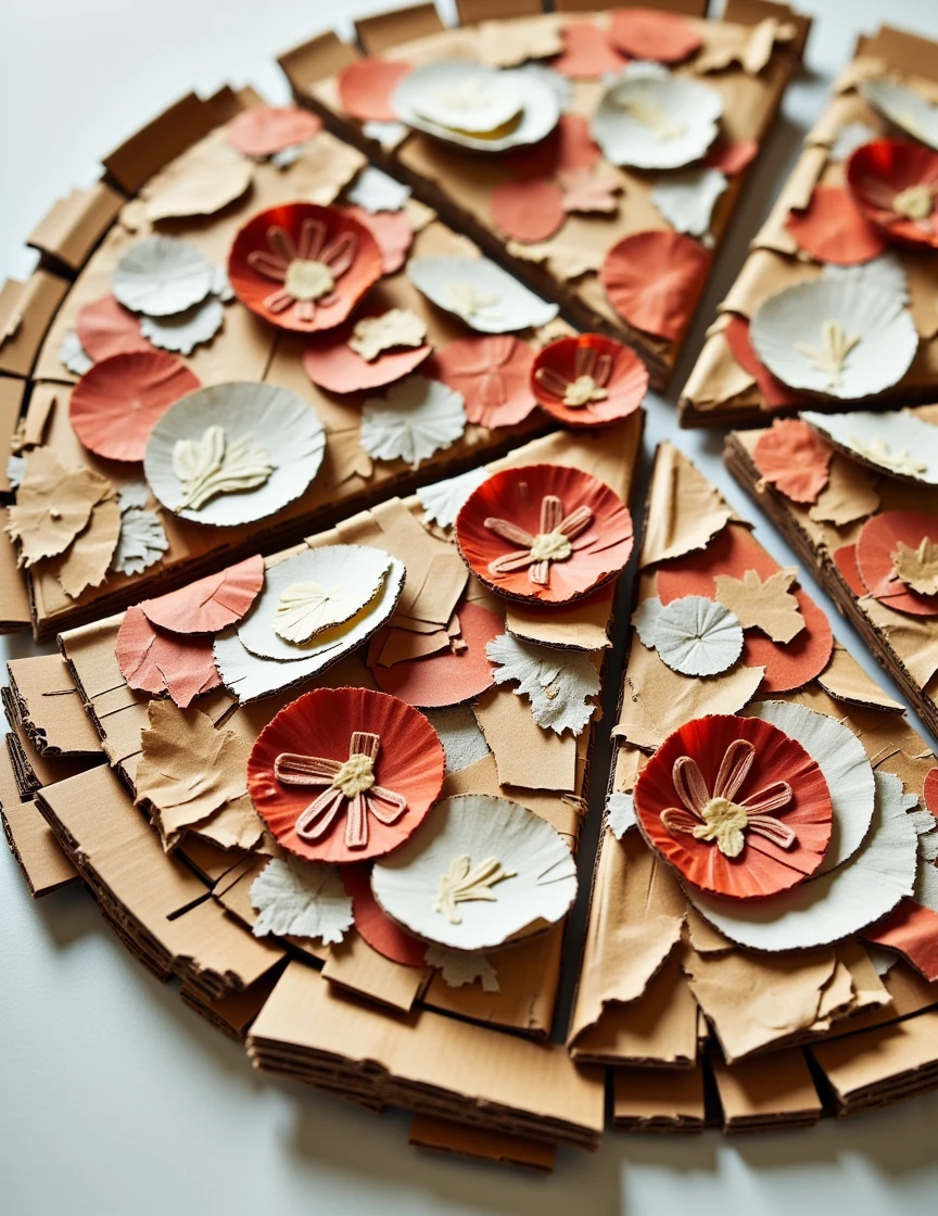 A pizza made of cardboard and scrap paper