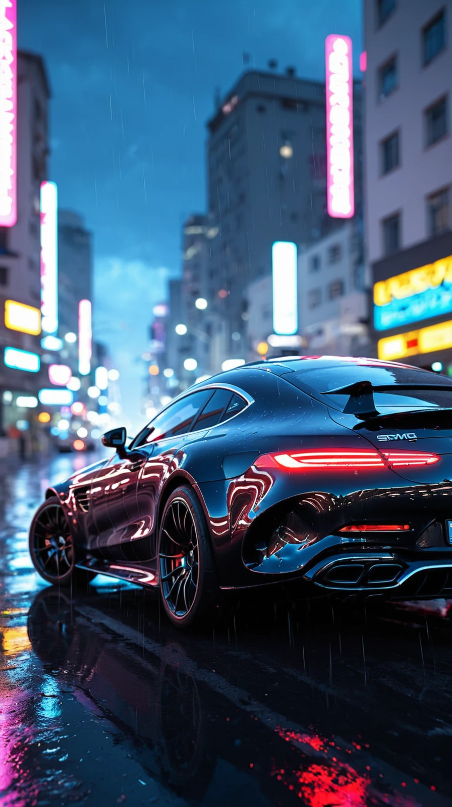 <lora:Tec-000009:0.51>, depth of field, motion blur, 
from the side, black dvr-mercedes-amg-gt63se with white stripes against the sunset  <lora:BeautyInEvilXL:0.11>
Cyberpunk city at night, neon lights glowing, and rain pouring down.
, aidmaHyperrealism, aidmaimageupgrader, aidmafluxpro1.1