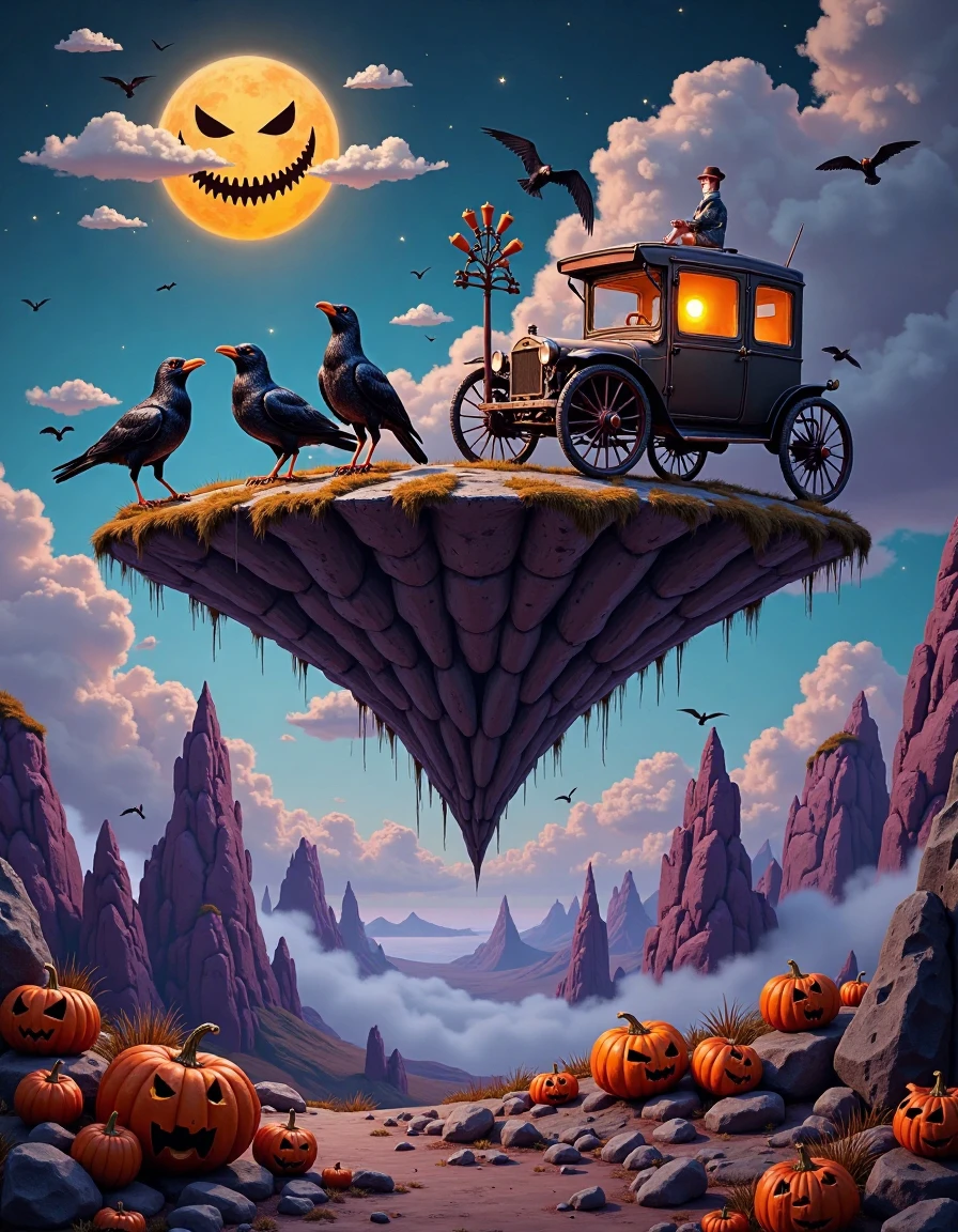 setoscape_style, A masterful surrealist Halloween painting in the distinctive style of Tomasz Setowski, portraying a whimsical, eerie landscape where floating islands drift through misty, moonlit skies. The islands are haunted with surreal mechanical-organic creatures, like crows made of twisted rusted metal, with glowing eyes, and vintage Halloween objects, including a skeletal antique carriage suspended in mid-air with oversized, spiked wheels, defying gravity. The sky above features a large, grinning jack-o'-lantern face, casting an ominous glow over the scene. The composition is rich in dark, jewel-toned purples, deep oranges, and sharp contrasts, with layers of perspective that evoke a sense of unsettling mystery. Soft, painterly strokes bring the ghostly mechanical textures to life, blending precision with haunted imagination in this surreal, Halloween world