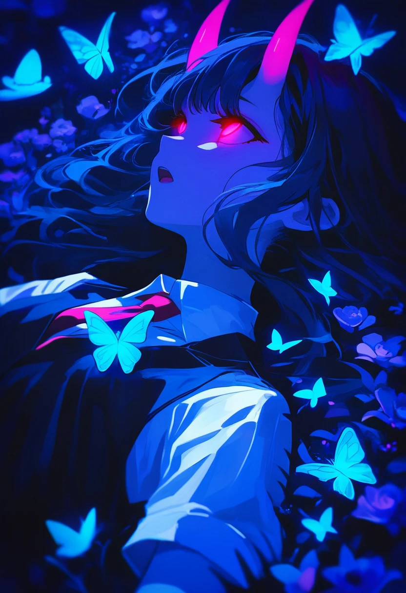 rating_explicit, score_9. score_8_up, score_7_up, nlstn, 1girl, horns, butterfly, bug, solo, glowing, on back, blue butterfly, lying, blue theme, glowing eyes, shirt, bangs, school uniform, open mouth, collared shirt, looking up, pink eyes, black hair, medium hair, red eyes, long hair, short sleeves, flower, from side, necktie, upper body, white shirt, vest, oni horns