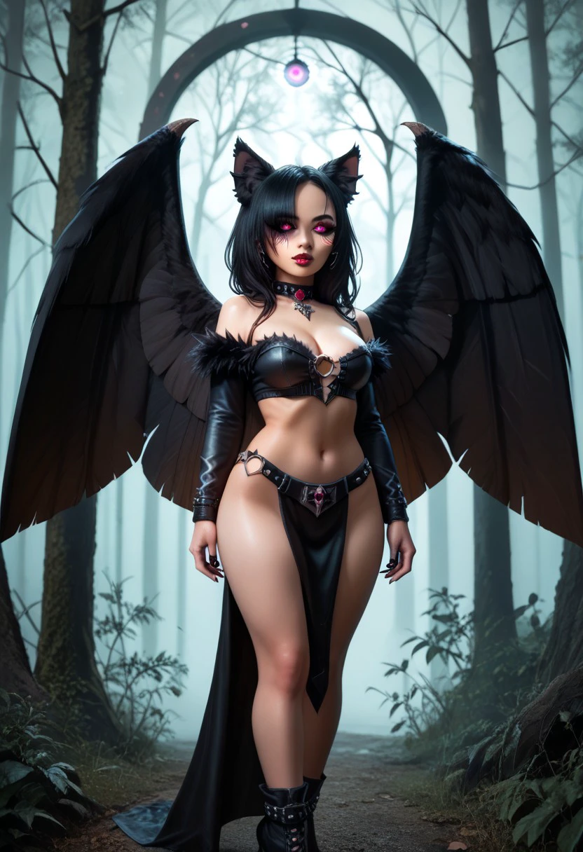 curvy asian goth girl, (Masterpiece), 1girl, Werebat, winged arms, dexterous leathery folded wings, animal legs, thighhigh fur, animal ears that match hair colour, black hair over eyes, (expressive eyes), (extremely detailed eyes:1.5) skimpy loincloth, dark eyeliner and dark fingernail polish. eerie dark forrest. (score_9, score_8_up, score_7_up) <lora:MGE_V5.2_retrain:1.0>