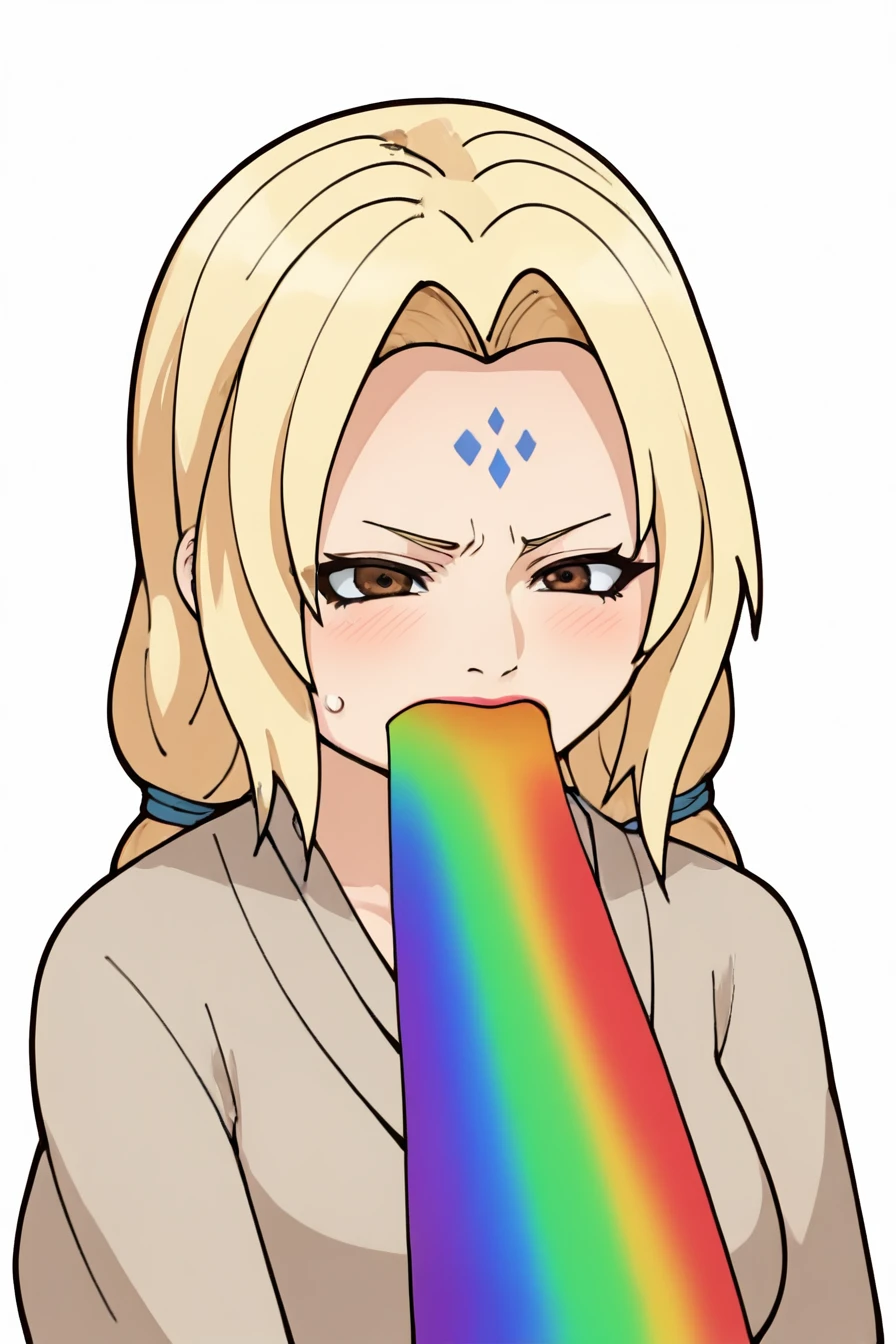 score_9, score_8_up, score_7_up, score_6_up, score_5_up, score_4_up,   <lora:tsunade-s2-ponyxl-lora-nochekaiser:0.8> , tsunade, blonde hair, yellow hair, facial mark, forehead mark, long hair, makeup, mature female, brown eyes, parted bangs, twintails, low twintails, large breasts, <lora:Rainbow_vomit_meme:1>, 1girl, rainbows, disgust face, vomiting rainbows, masterpiece, highres, white background, simple background