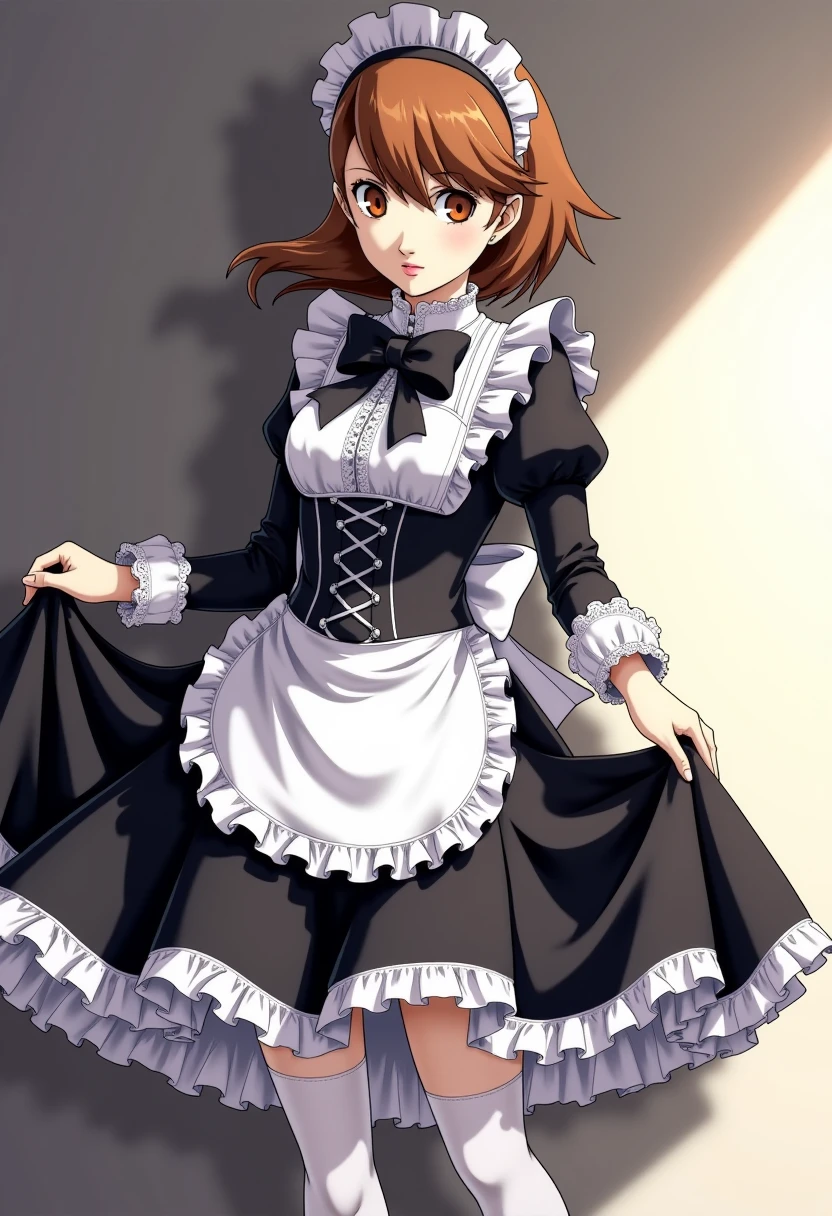 A detailed solo portrait of yukari takeba, 
Anime style, sharp, high contrast and highly detailed.,
<lora:persona_3_yukari_takeba_flux_v1_2-000005:0.9>,
She wears a traditional maid costume, typically seen in anime or cosplay culture. It features a black and white color scheme, with a white frilly underskirt that adds volume and movement to the outfit. Over this, a black apron with lace trim and ruffled edges covers the front of the skirt. The top includes puffed sleeves with ruffles at the shoulders and lace at the cuffs, giving it a soft and elegant look. A large black bow is attached at the neckline, and a corset-like lacing is seen around the waist, emphasizing a fitted silhouette. The maid wears a white lace headpiece, matching the lace detailing throughout the outfit. She completes the look with white knee-high socks and black shoes, creating a classic and polished maid ensemble.