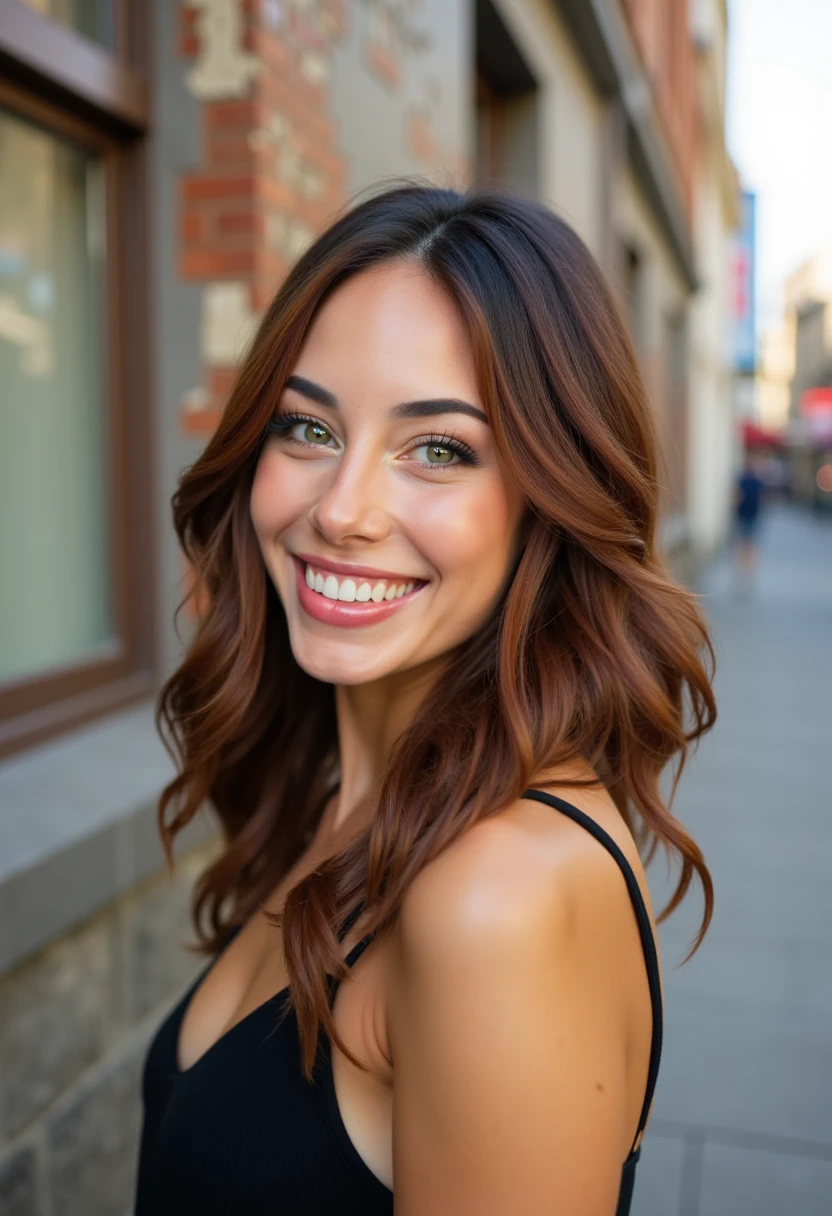 This is a high-resolution photograph of a young woman smiling warmly at the camera. She has a light complexion, with a natural, healthy glow to her skin. Her eyes are a striking, light green, and she has well-defined eyebrows and full, slightly arched eyelashes. Her hair is medium-length, brown, and slightly wavy, falling just past her shoulders. She is wearing a black spaghetti-strap top, which reveals her shoulders. 

The background is a slightly blurred urban scene, suggesting a city street. The wall behind her is textured, with patches of peeling paint in various shades of brown, gray, and white, adding an industrial or vintage feel to the setting. The building appears to be made of concrete or brick, with a window visible on the right side, showing a hint of a colorful interior. The street is paved with gray concrete, and there are indistinct buildings and possibly signs or posters in the distance, indicating a busy city environment. The overall lighting is natural, likely from the sun, casting soft shadows and giving the image a warm, inviting atmosphere. The woman’s expression is friendly and approachable, making her the clear focus of the photograph. D4HN