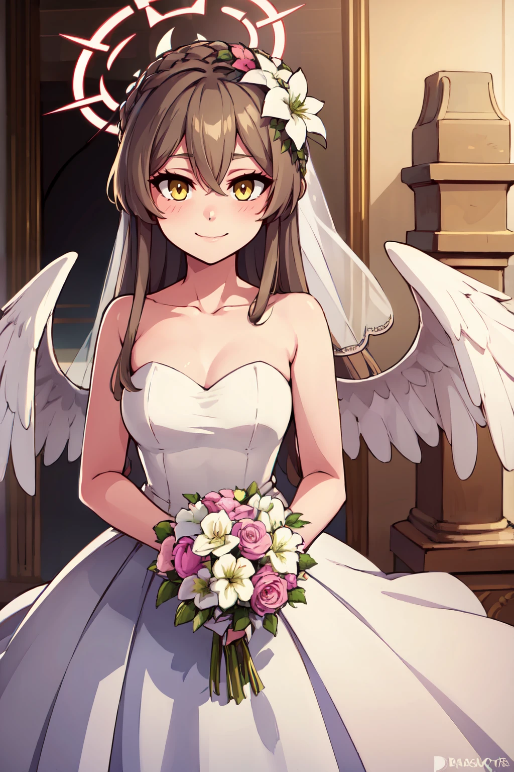 ((masterpiece,best quality)), absurdres,  BREAK, , <lora:Nagisa_BlueArchive_Citron:0.8>,, zzNagisa, long hair, halo, hair ornament, hair flower, light brown hair, hair between eyes, yellow eyes, brown eyes, BREAK, bride, wedding dress, bridal veil, strapless dress, elbow gloves, holding bouquet,, BREAK, solo, smile, looking at viewer, cowboy shot,