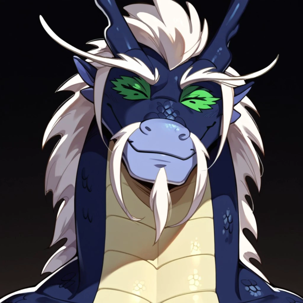 score_9, score_8_up, score_7_up, Expressiveh, masterpiece, best quality, highly detailed, realistic, (zPDXL3), 1boy, solo, (LaoShiDG, furry, anthro, eastern dragon, scalie, horns, white hair, white mustache, white goatee, white eyebrows, blue scales, yellow scales, two tone body, green sclera, black eyes, tail, looking at viewer, black background, simple background, uncensored, closed mouth, smile, ((close-up, face only, eyes closed))