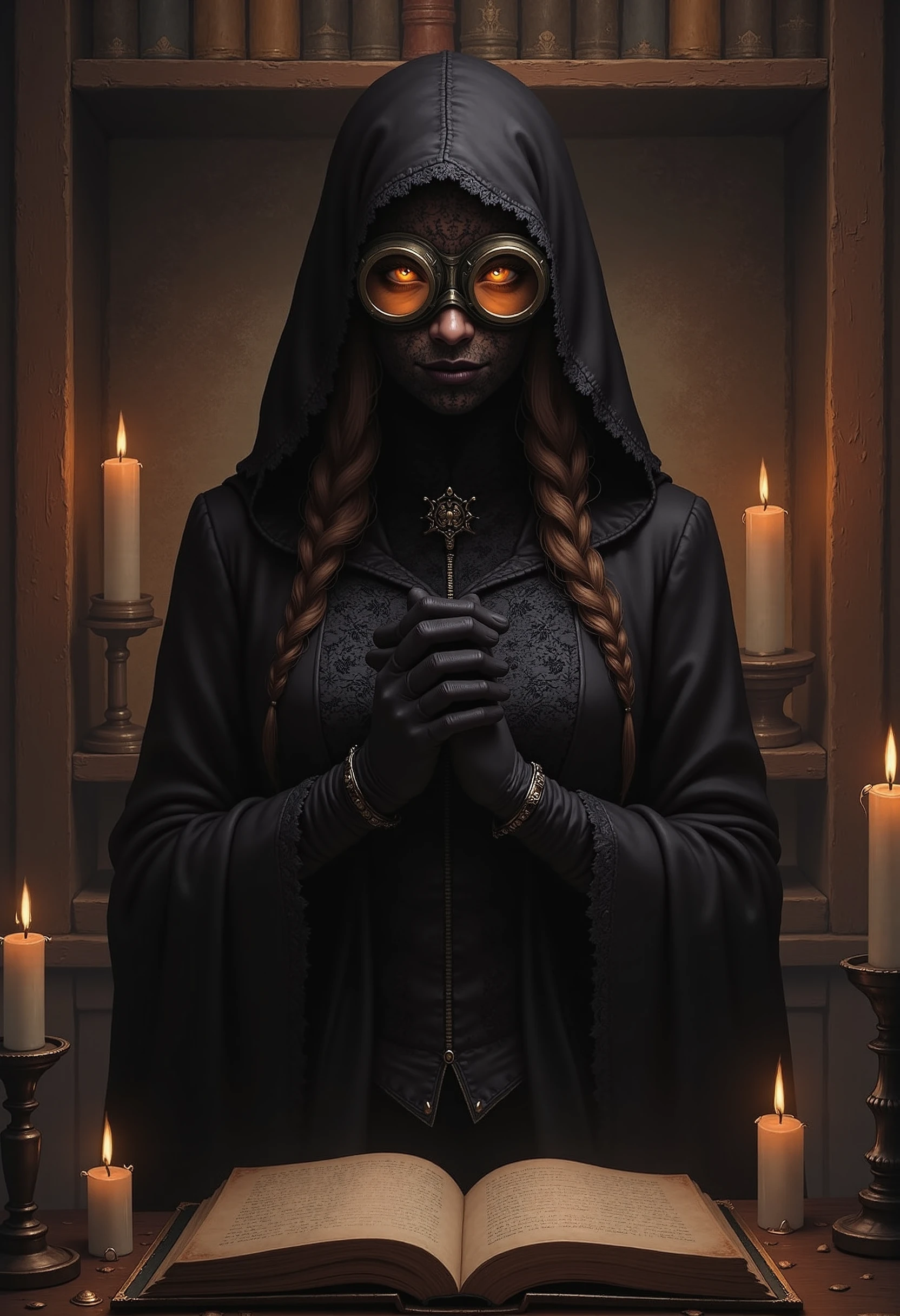 A mysterious and enigmatic figure is standing in front of an old, weathered bookshelf, surrounded by flickering candles that cast eerie shadows on the walls. She is dressed in a long, black coat with multiple layers of worn-out lace underneath, her face obscured by a pair of heavy, ornate goggles that seem to hide more than they reveal. Her gloved hands are clasped together in front of her, and she seems lost in thought as if pondering the secrets hidden within the ancient tome lying open on the shelf before her. InCase Style