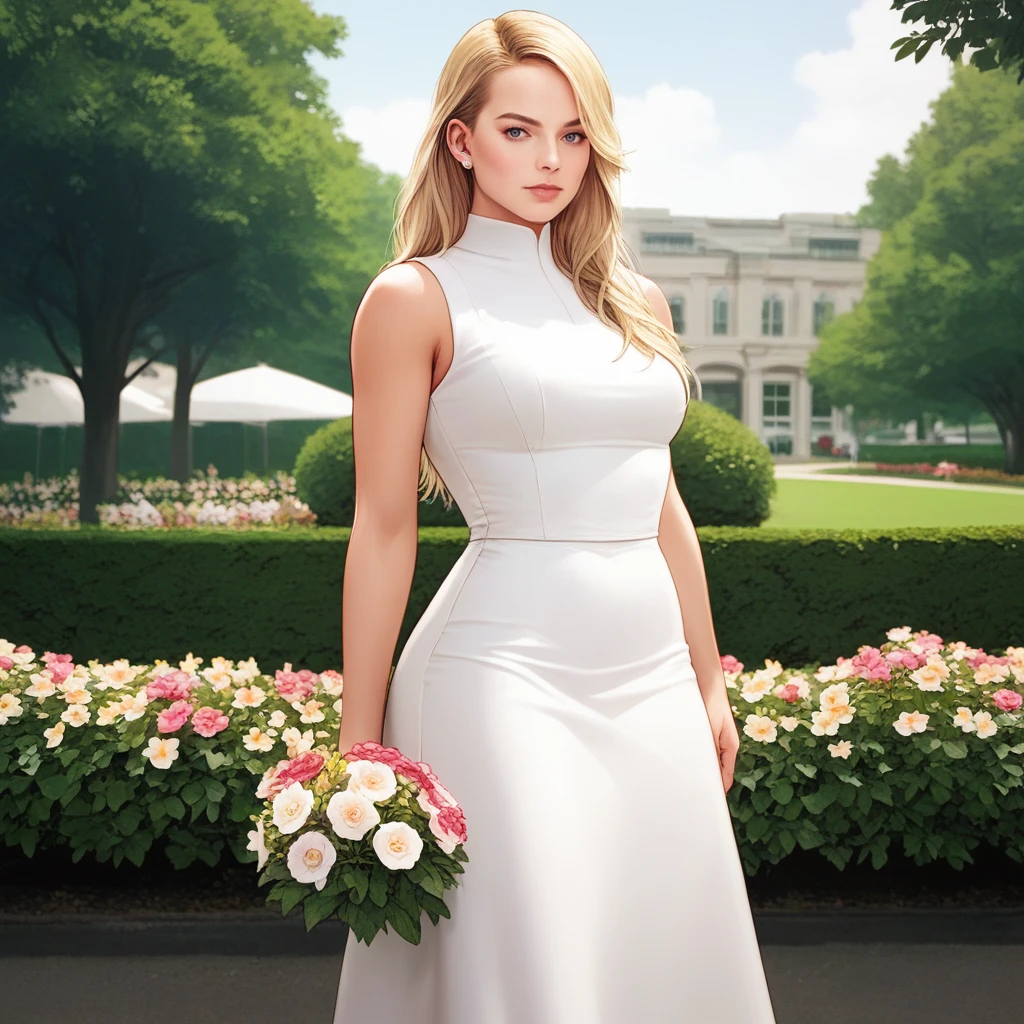 score_9, score_8_up, score_7_up, source_anime, professional photograph of Margot woman, wearing a white dress, sleeveless, long hair, standing in a park, trees, flowers in the background, godrays <lora:Margot Robbie 2013-2015 Pony:1>