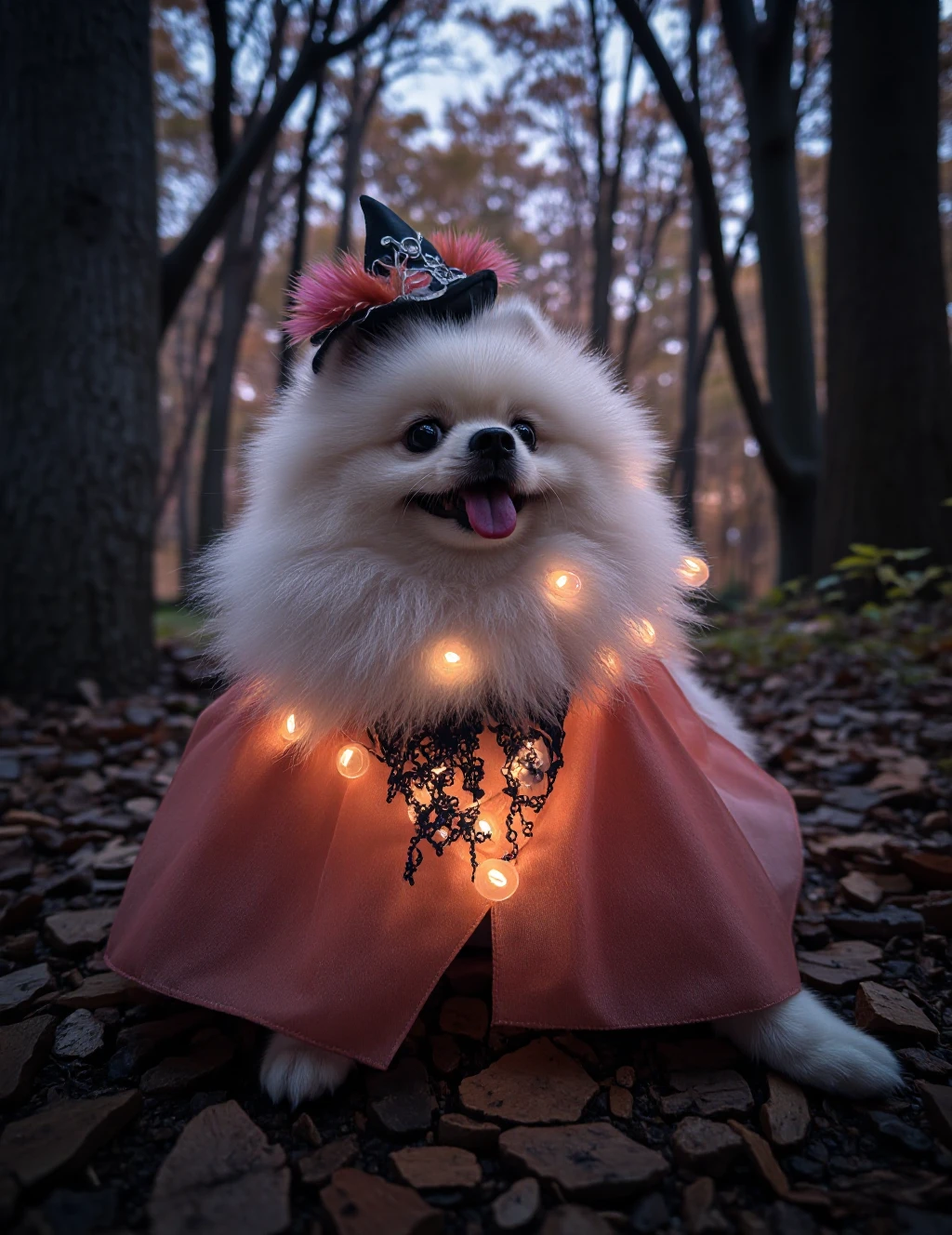 A magical photograph of a snow-white Pomeranian transformed into an enchanting Halloween spirit guide, nestled in a mystical forest at twilight.
magical, secretive, ethereal, pet portrait, enchanted forest, twilight, soft glow, whimsical, colorful, mysterious atmosphere