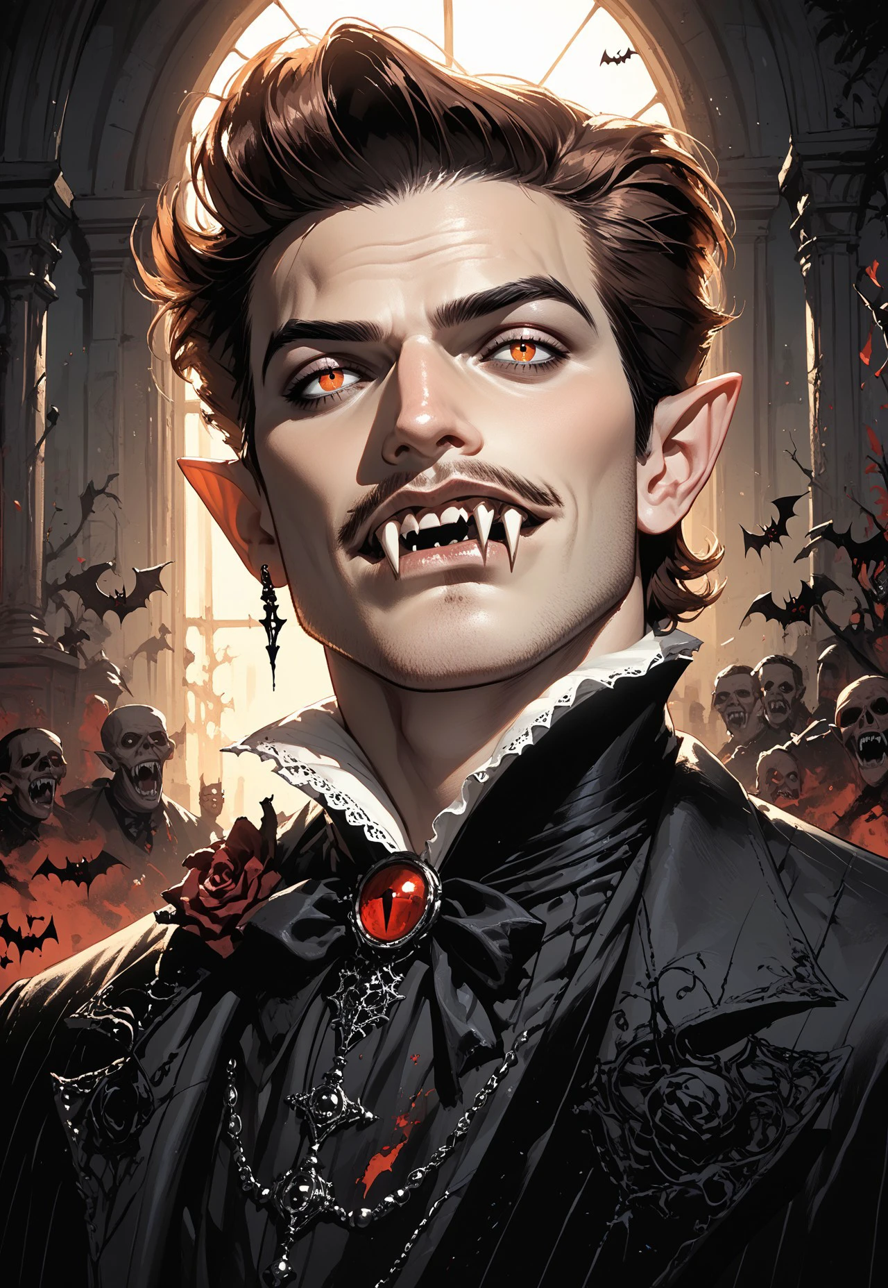 v1nt4g3 h3ll0w33n, A (man dressed as a vampire:1.3) with (pointy ears:1.2) and (detailed fangs:1.4), set against a (gothic cemetery background:1.3), capturing an eerie yet captivating atmosphere, dramatic lighting, intricate costume details, inspired by the styles of (Norman Rockwell:1.4) and (Joe Madureira:1.3), rich colors, hauntingly beautiful, score_9, score_8_up, score_7_up, score_6_up, score_5_up, score_5_up, score_4_up