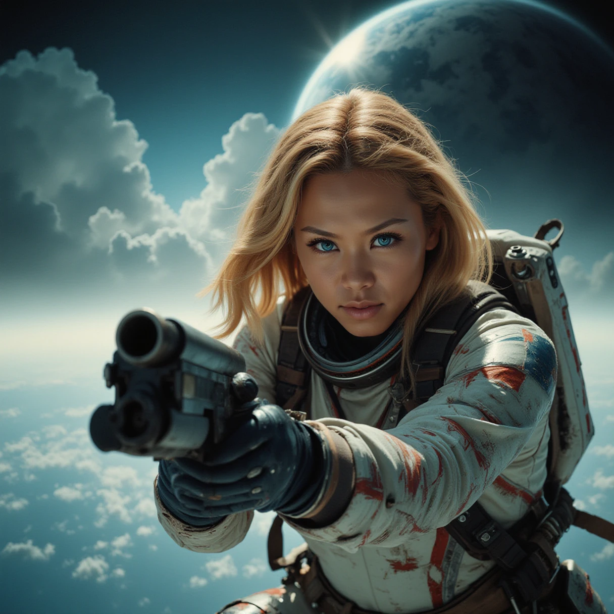 dynamic angles,photoshoot poses, The image shows a young woman in a space suit, holding a large futuristic weapon. She is flying in front of a vast expanse of space, with the Earth visible in the background. The woman has shoulder-length blonde hair and is looking directly at the camera with a serious expression on her face. She has a backpack attached to her back, which appears to be made of a white and red material.  The sky is dark and cloudy, with a bright light shining down on the woman. The overall mood of the image is intense and dramatic,RAW candid cinema, 16mm, color graded portra 400 film, remarkable color, ultra realistic, textured skin, remarkable detailed pupils, realistic dull skin noise, visible skin detail, skin fuzz, dry skin, shot with cinematic camera, detailed skin texture, (blush:0.2), (goosebumps:0.3), subsurface scattering, beautiful photograph in the style of Augustus John, Sergio Toppi, Virginia Frances Sterrett, 8k HD, detailed skin texture, ultra realistic, textured skin, analog raw photo, cinematic grain, whimsical