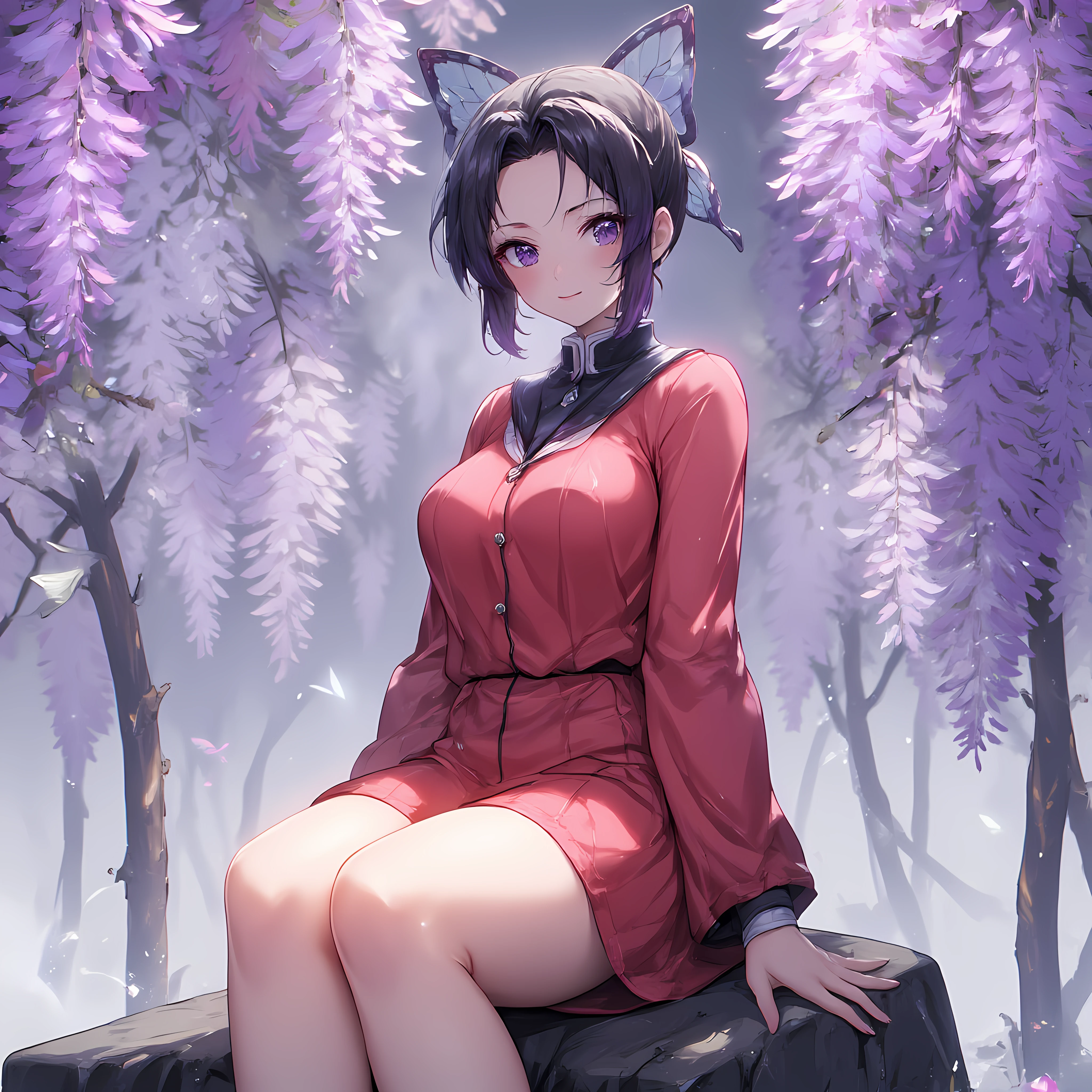 Kochou Shinobu, Kochou Shinobu stands confidently in a realistic illustration, rocking sailor collar and red short dress. Her hair is short, black, and styled with a side ponytail and a butterfly_hair_ornament, , while her eyes are a striking purple. She is sitting on the rock, and a serene smile graces her face. In the background, there is a grove of wisteria flowers, with steam rising from the sky., adding a touch of whimsy to the scene. The overall vibe is calm and dignified, showcasing Kochou's poised and composed demeanor.