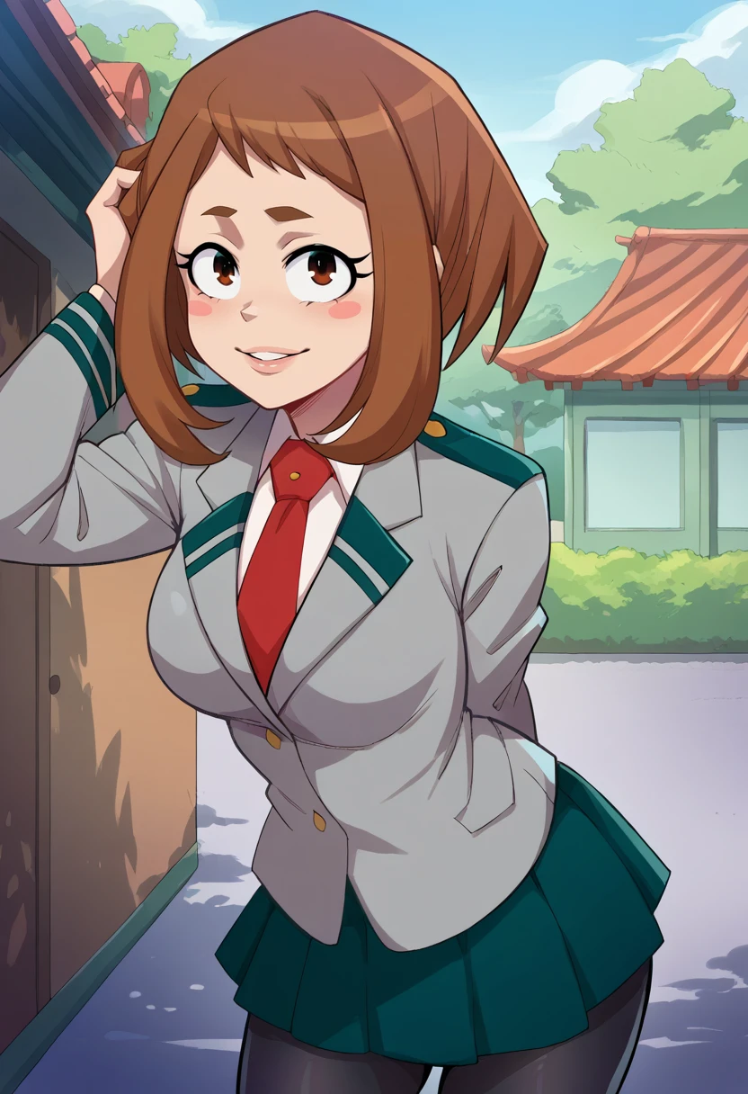 score_9,score_8_up, score_7_up, BREAK ict style,uraraka ochako, 1girl,solo, brown hair,brown eyes,short hair,smile,medium breasts,u.a. school uniform,white collared shirt,red necktie,epaulettes,grey jacket,green pleated skirt,black pantyhose,long sleeves, outdoors,east asian architecture,town, looking at viewer,leaning forward,hand in own hair,parted lips,arm behind back,blush stickers,   <lora:BootyFarmPony:1> <lora:OchakoPony:1>