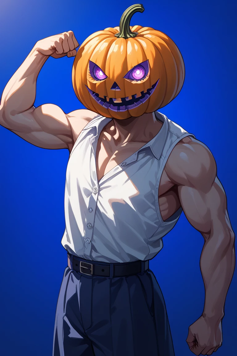 score_9, score_8_up, score_7_up, source_anime, rating_safe, natural lighting, pumpkin-humanoid focus, flexing, DaPUMPKIN, looking at viewer, DaPUMPKIN_head, smiling, 1pumpkin-head, simple purple-blue gradient background, intricately detailed illustration, horror (theme)